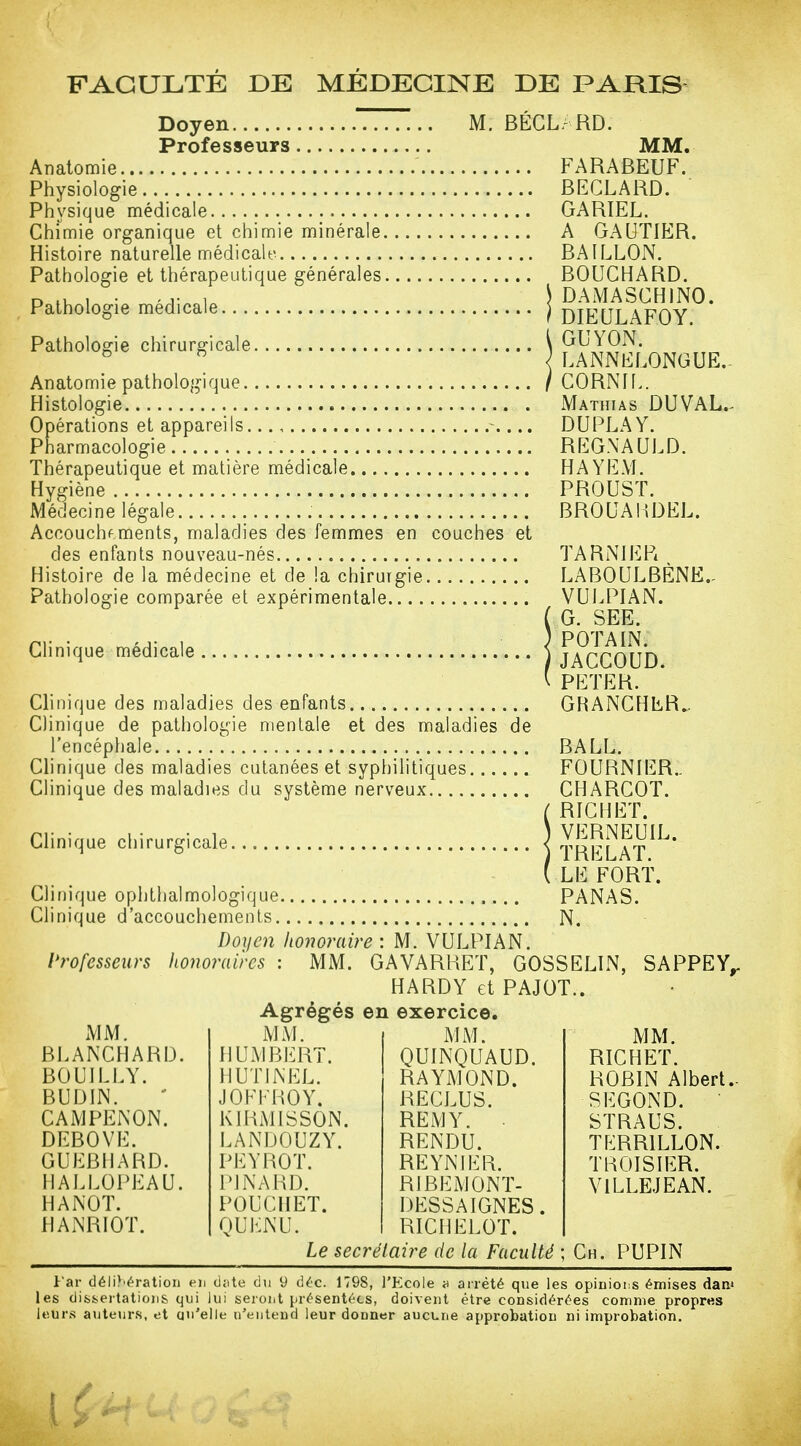 Doyen M. BECL. RD. Professeurs MM. Anatomie FARABEUF. Physiologie BECLARD. Physique médicale GARIEL. Chimie organique et chimie minérale A GAUTIER. Histoire naturelle médicale BAILLON. Pathologie et thérapeutique générales BOUCHARD. Pathologie médicale, DAMASCHINO, DIEULAFOY. Pathologie chirurgicale \ f'^.JS^^' LANNELONGUE. Anatomie pathologique / CORNIL. Histologie iMathias DUVAL.- Opérations et appareils..., -.... DUPLA Y. Pharmacologie REGNAULD. Thérapeutique et matière médicale HAYEM. Hygiène Médecine légale Accouchements, maladies des femmes en couches et des enfants nouveau-nés TARNH^Pi ^ Histoire de la médecine et de !a chirurgie LABOULBÈNE.- Pathologie comparée et expérimentale  PROUST. BROUAhDEL. Clinique médicale Clinique des maladies des enfants Clinique de pathologie mentale et des maladies de l'encéphale BALL. Clinique des maladies cutanées et syphilitiques. Clinique des maladies du système nerveux VULPIAN. G. SEE. POTAIN. JACCOUD. PETER. GRANCHER.. Clinique chirurgicale, Clinique ophthalmologique , Clinique d'accouchements N. Doyen honoraire : M. VULPIAN. Professeurs honoraires : MM. GAVARHET, GOSSELIN HARDY et PAJOT.. Agrégés en exercice. FOURNIER.. CHARCOT. RICHET. VERNEUIL. TRELAT. LE FORT. PANAS. SAPPEY. MM. BLANCHARD. BOUILLY. BUDIN. CAMPENON. DEBOVE. GUEBIIARD. HALLOPEAU. HANOT. IIANRIOT. MM. IIUMBERT. IlUTINEL. JOEKhOY. KIKMISSON. LANDOUZY. PEYKOT. PINAKD. POUCllET. OUKNU. MM. QUINQUAUD. RAYMOND. RECLUS. REM Y. RENDU. REYNIER. RIBEMONT- DESSAIGNES RICHELOT. MM. RICHET. ROBIN Albert.. SECOND. STRAUS. TERRILLON. TBOISIER. VILLEJEAN. Le secrélaire de la Faculté ; Ch. PUPIN l'ai; délibt^ration en djite du 9 d(:c. 1798, l'Ecole « arrêté que les opinions émises dan» les disi^ertatious qui lui seroiit présentées, doivent être considérées comme propres leurs auteurs, et qu'elle n'entend leur donner aucune approbation ni improbation.