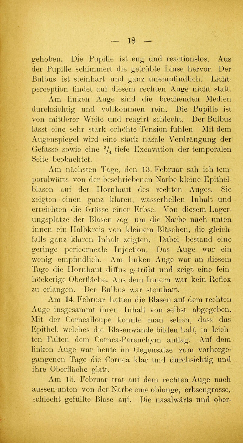 gehoben. Die Pupille ist eng und reactionslos. Aus der Pupille schimmert die getrübte Linse hervor. Der Bulbus ist steinhart und ganz unempfindlich. Licht- perception findet auf diesem rechten Auge nicht statt. Am linken Auge sind die brechenden Medien durchsichtig und vollkommen rein, Die Pupille ist von mittlerer Weite und reagirt schlecht. Der Bulbus lässt eine sehr stark erhöhte Tension fühlen. Mit dem Augenspiegel wird eine stark nasale Verdrängung der Gefässe sowie eine % tiefe Excavation der temporalen Seite beobachtet. Am nächsten Tage, den 13. Februar sah ich tem- poralwärts von der beschriebenen Narbe kleine Epithel- blasen auf der Hornhaut des rechten Auges. Sie zeigten einen ganz klaren, wasserhellen Inhalt und erreichten die Grösse einer Erbse. Von diesem Lager- ungsplatze der Blasen zog um die Narbe nach unten innen ein Halbkreis von kleinem Bläschen, die gleich- falls ganz klaren Inhalt zeigten. Dabei bestand eine geringe pericorneale Injection. Das Auge war ein wenig empfindlich. Am linken Auge war an diesem Tage die Hornhaut diffus getrübt und zeigt eine fein- höckerige Oberfläche. Aus dem Innern war kein Reflex zu erlangen. Der Bulbus war steinhart. Am 14. Februar hatten die Blasen auf dem rechten Auge insgesammt ihren Inhalt von selbst abgegeben. Mit der Cornealloupe konnte man sehen, dass das Epithel, welches die Blasenwände bilden half, in leich- ten Falten dem Cornea-Parenchym auflag. Auf dem linken Auge war heute im Gegensatze zum vorherge- gangenen Tage die Cornea klar und durchsichtig und ihre Oberfläche glatt. Am 15. Februar trat auf dem rechten Auge nach aussen-unten von der Narbe eine oblonge, erbsengrosse, schlecht gefüllte Blase auf. Die nasalwärts und ober-