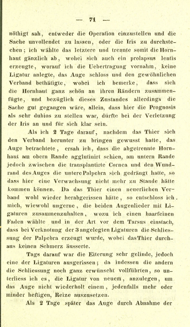 nöthigt sah, entweder die Operation einzustellen und die Sache unvollendet zu lassen, oder die Iris zu durchste- chen ; ich wählte das letztere und trennte somit die Horn- haut gänzlich ah, wohei sich auch ein prolapsus lentis erzeugte, worauf ich die Uebertragung vornahm, keine Ligatur anlegte, das Auge schloss und den gewöhnlichen Verband bethätigte, wobei ich bemerke, dass sich die Hornhaut ganz schön an ihren Rändern zusammen- fügte, und bezüglich dieses Zustandes allerdings die Sache gut gegangen wäre, allein, dass hier die Prognosis als sehr dubios zu stellen war, dürfte bei der Verletzung der Iris an und für sich klar sein. Als ich 2 Tage darauf, nachdem das Thier sich den Verband herunter zu bringen gewusst hatte, das Auge betrachtete , ersah ich, dass die abgetrennte Horn- haut am obern Rande agglutinirt schien, am untern Rande jedoch zwischen die transplantirte Cornea und den Wund- rand des Auges die untere Palpebra sich gedrängt hatte, so dass hier eine Verwachsung nicht mehr zu Stande hätte kommen können. Da das Thier einen neuerlichen Ver- band wohl wieder herabgerissen hätte, so entschloss ich. mich, wiewohl ungerne , die beiden Augenlieder mit Li- gaturen zusammenzuhalten, wozu ich einen haarfeinen Faden wählte und in der Art vor dem Tarsus einstach, dass bei Verknotung der 3 angelegten Ligaturen die Schlies- sung der Palpebra erzeugt wurde, wobei das Thier durch- aus keinen Schmerz äusserte. Tags darauf war die Eiterung sehr gelinde, jedoch eine der Ligaturen ausgerissen; da indessen die andern die Schliessung noch ganz erwünscht vollführten, so un- terliess ich es, die Ligatur von neuem, anzulegen, um das Auge nicht wiederholt einem, jedenfalls mehr oder minder heftigen, Reize auszusetzen. Als 2 Tage später das Auge durch Abnahme der