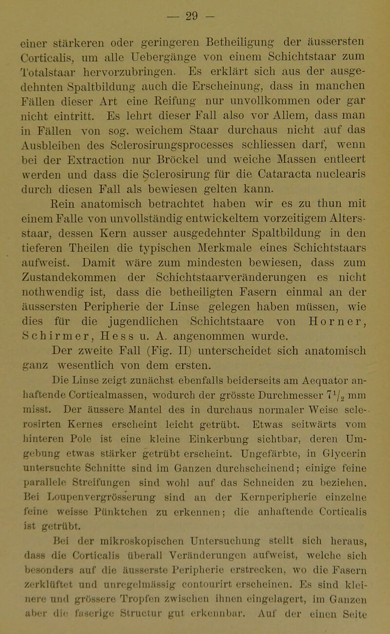 einer stärkeren oder geringeren Betheiligung der äussersten Corticalis, um alle Uebergänge von einem Schichtstaar zum Totalstaar hervorzubringen. Es erklärt sich aus der ausge- dehnten Spaltbildung auch die Erscheinung, dass in manchen Fällen dieser Art eine Reifung nur unvollkommen oder gar nicht eintritt. Es lehrt dieser Fall also vor Allem, dass man in Fällen von sog. weichem Staar durchaus nicht auf das Ausbleiben des Sclerosirungsprocesses schliessen darf, wenn bei der Extraction nur Bröckel und weiche Massen entleert werden und dass die Sclerosirung für die Cataracta nuclearis durch diesen Fall als bewiesen gelten kann. Eein anatomisch betrachtet haben wir es zu thun mit einem Falle von unvollständig entwickeltem vorzeitigem Alters- staar, dessen Kern ausser ausgedehnter Spaltbildung in den tieferen Theilen die typischen Merkmale eines Schichtstaars aufweist. Damit wäre zum mindesten bewiesen, dass zum Zustandekommen der Schichtstaarveränderungen es nicht nothwendig ist, dass die betheiligten Fasern einmal an der äussersten Peripherie der Linse gelegen haben müssen, wie dies für die jugendlichen Schichtstaare von Horner, Schirmer, Hess u. A. angenommen wurde. Der zweite Fall (Fig. II) unterscheidet sich anatomisch ganz wesentlich von dem ersten. Die Linse zeigt zunächst ebenfalls beiderseits am Aequator an- haftende Corticalmassen, wodurch der grösste Durchmesser T^/g mm misst. Der äussere Mantel des in durchaus normaler Weise scle- rosirten Kernes erscheint leicht getrübt. Etwas seitwärts vom liinteren Pole ist eine kleine Einkerbung sichtbar, deren Um- gebung etwas stärker getrübt erscheint. Ungefärbte, in Glycerin untersuchte Schnitte sind im Ganzen durchscheinend; einige feine parallele Streifungen sind wohl auf das Schneiden zu beziehen. Bei Loupenvergrössening sind an der Kernperipheric einzelne feine weisse Pünktchen zu erkennen; die anhaftende Corticalis ist getrübt. Bei der raikro.skopischen Untersuchung stellt sich heraus, dass die Corticalis überall Veränderungen aufweist, welche sich besonders auf die äusserste Peripherie erstrecken, wo die Fasern zerklüftet und unrcgelmiissig contourirt erscheinen. Es sind klei- nere und grössere Tropfen zwischen ihnen eingelagert, im Ganzen aber di(' fiiücrige Structur gut erkcnnliiir. Auf der einen Seite