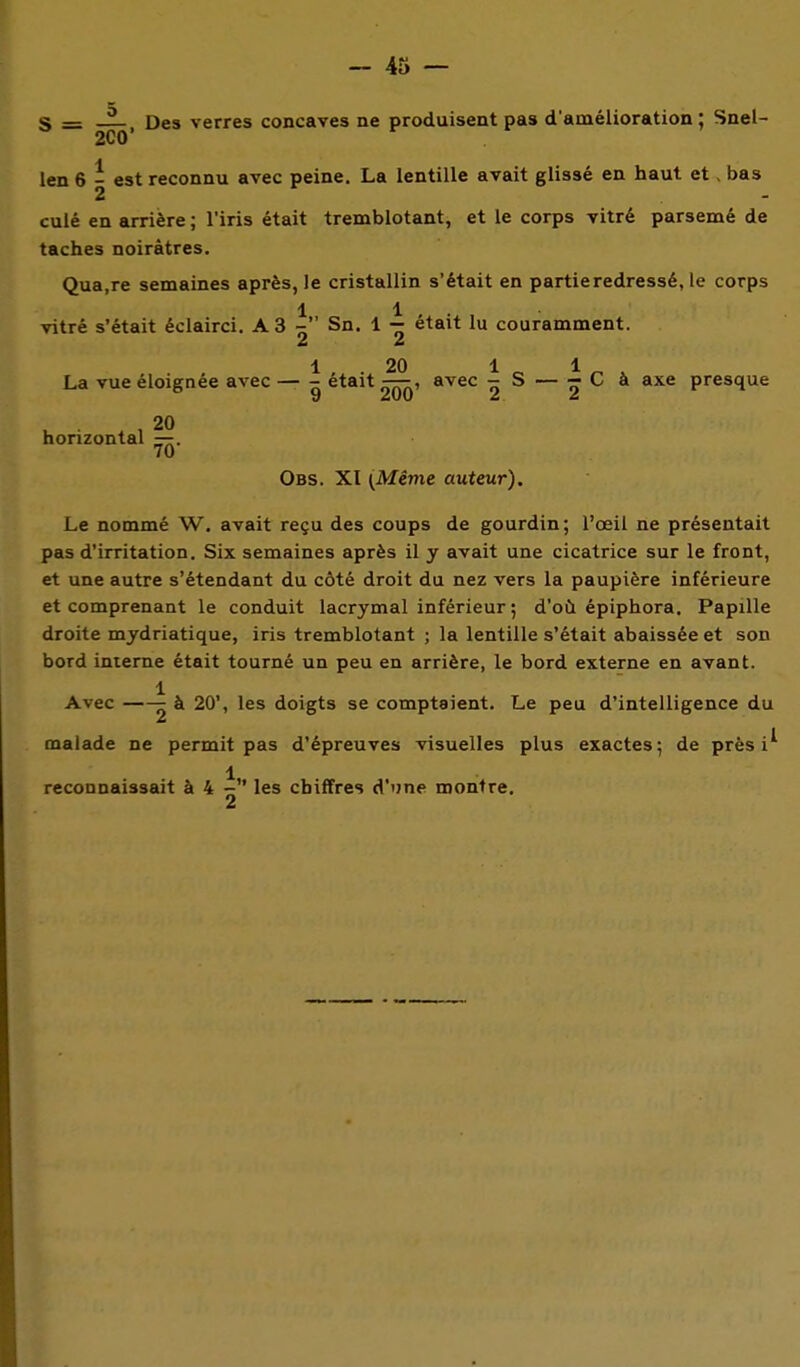 S = _2_ Des verres concaves ne produisent pas d'amélioration ; Snel- 2C0' len 6 - est reconnu avec peine. La lentille avait glissé en haut et. bas 2 - culé en arrière ; l'iris était tremblotant, et le corps vitré parsemé de taches noirâtres. Qua.re semaines après, le cristallin s'était en partie redressé, le corps 1 1 . vitré s'était éclairci. A 3 - Sn. 1 - était lu couramment. 1 , . 20 1 ^ 1 ^ , La vue éloignée avec — - était —, avec - S — - C à axe presque 20 horizontal —. Obs. XI ^Aféme auteur). Le nommé W. avait reçu des coups de gourdin ; l'œil ne présentait pas d'irritation. Six semaines après il y avait une cicatrice sur le front, et une autre s'étendant du côté droit du nez vers la paupière inférieure et comprenant le conduit lacrymal inférieur; d'où épiphora. Papille droite mydriatique, iris tremblotant ; la lentille s'était abaissée et son bord interne était tourné un peu en arrière, le bord externe en avant. 1 Avec à 20', les doigts se comptaient. Le peu d'intelligence du malade ne permit pas d'épreuves visuelles plus exactes; de près i^ 1 reconnaissait à 4 - les chiffres d'une montre. 2