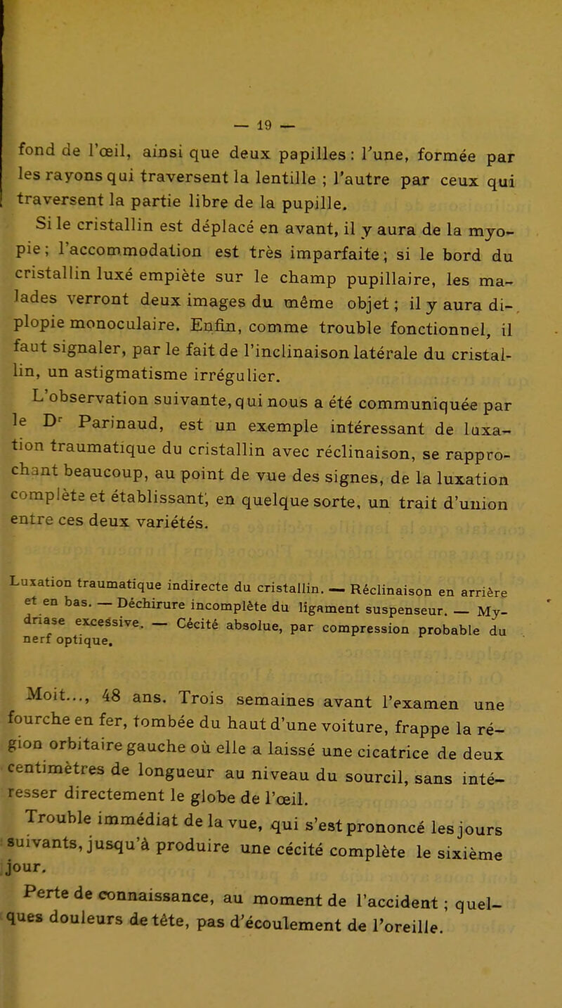 fond de l'œil, ainsi que deux papilles : Tune, formée par les rayons qui traversent la lentille ; l'autre par ceux qui traversent la partie libre de la pupille. Si le cristallin est déplacé en avant, il y aura de la myo- pie ; l'accommodation est très imparfaite ; si le bord du cristallin luxé empiète sur le champ pupillaire, les ma-> lades verront deux images du même objet ; il y aura di- plopie monoculaire. Enfin, comme trouble fonctionnel, il faut signaler, par le fait de l'inclinaison latérale du cristal- lin, un astigmatisme irrégulier. L'observation suivante, qui nous a été communiquée par le Parinaud, est un exemple intéressant de luxa- tion traumatique du cristallin avec réclinaison, se rappro- chant beaucoup, au point de vue des signes, de la luxation complète et établissant; en quelque sorte, un trait d'union entre ces deux variétés. Luxation traumatique indirecte du cristallin. — Réclinaison en arrière et en bas. — Déchirure incomplète du ligament suspenseur. — My- dnase excessive. _ Cécité absolue, par compression probable du nerf optique, Moit..., 48 ans. Trois semaines avant l'examen une fourche en fer, tombée du haut d'une voiture, frappe la ré- gion orbitaire gauche où elle a laissé une cicatrice de deux centimètres de longueur au niveau du sourcil, sans inté- resser directement le globe de l'œil. Trouble immédiat de la vue. qui s'est prononcé les jours suivants, jusqu'à produire une cécité complète le sixième jour. Perte de connaissance, au moment de l'accident ; quel- ques douleurs de tête, pas d'écoulement de Toreilie.