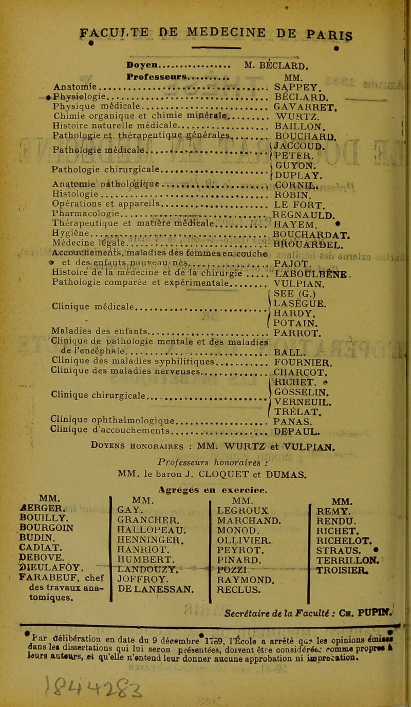 FACULTE DE MEDECINE DE PARlg nr Doyen M. BECLARD. Professears MM. Anatomie S^^PPEY. # P hysiologie ... BECI-ARD. Physique médicale GAVARRET, Chimie organique et chimie minér^iei; WURTZ. Histoire naturelle médicale BAILLON. PatKolp^ie et thérapeutique .géniral^a,BOUCllARU, Pafho^dgie méiiicale[^^ter!'^* Pathologie chirurgicale |dUPLAY Anatomie pîthola'gique .... .:j.i...,, ^ .CORNIJ,. Histologie ROBIN. Opérations et appareils LE FORT. Pharmacologie ^.,„^.., .^.REGNAULD. Thérapeutique et matrèi-e médiëale. HAYEM. • Hygiène.. . . .. ... . , BOUCHARDAT. IMédecine liÊgâle. ■.^.'!\!. .r. < .';?•.'.'i^ BftÔUARBEL. Acconi'dlemehis, maladies dés femmesea couche • ,. ^ ,b dirieJxo • et des,^nfaijts,nouveau-né^,...,..,,..PAJOT. Histoire dé la médecine et dé là chirurgie ,'^LAlfeOULBÊNE. Pathologie comparée et expérimentale VULPIAN. ISEE (G.) LASÈGUE. HARDY. POTAIN. Maladies des enfants PARROT. Clinique de pathologie mentale et des maladies de l'encéphale BALL. Clinique des maladies syphilitiques FOURNIER, Clinique des maladies nerveuses CHARCOT. IRICHET. • GOSSELIN. VERNEUIL. TRÉLAT. •.clinique opntnaimologique PANAS. Clinique d'accouchements DEPAUL. Doyens honoraires : MM. WURTZ et VULPIAN. Professeurs honoraires : MM. le baron J. CLOQUET et DUMAS. 1.1. MM. ilERGER. BOUILLY. BOURGOIN BUDIN. CADIAT. DEBOVE. ÎÔIEULAFOY. — FARABEUF, chef des travaux ana- tomiques. Agrégés MM. GAY. GRANCHER. HALLOPEAU. HENNINGER. HANRIOT. HUMBERT. LANOOtJZY;' - JOFFROY. DE LANESSAN. 11 en exercice. MM. LEGROUX MARCHAND. MONOD. OLLIVIER. PEYROT. PINARD. POZZL- - RAYMOND. RECLUS. MM. REMY. RENDU. RICHET. RICHELOT. STRAUS. • TERRILLON. TROISIER. Secrétaire de la Faculté : Ch. PUPDfw Par flehbération en date du 9 déc»mbre 1739, l'École a arrêté qu? les opinions iaÙMM dans lei dissertations qui lui seron présentées, doivent être considérée; comme propm à wurs auUMTs, et qu'elle n'antend leur donner aucune approbation ni iœnroi»tion.