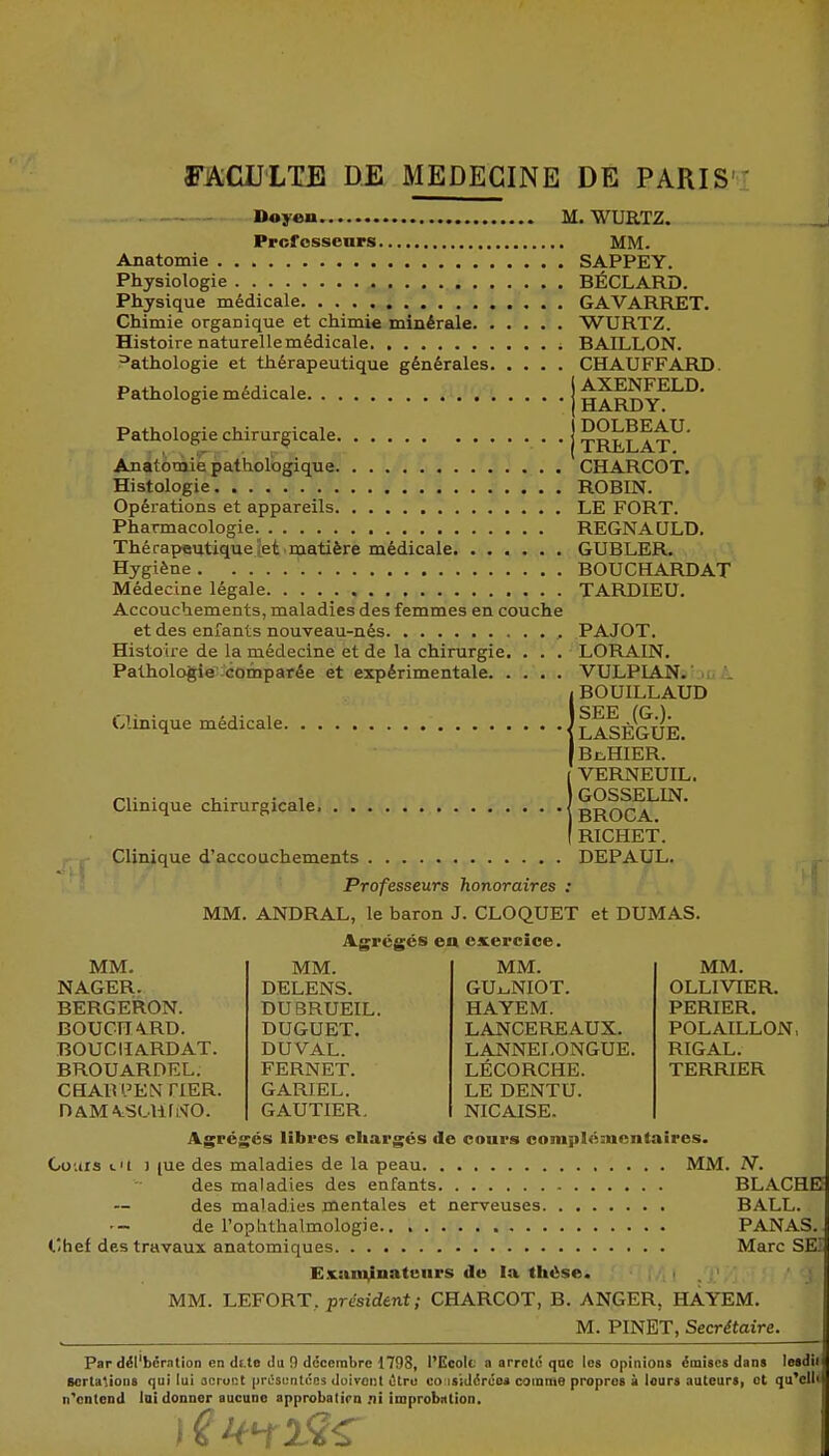 Doyeu M. WURTZ. Prcfossenrs MM. Anatomie SAPPEY. Physiologie BÉCLARD. Physique médicale GAVARRET. Chimie organique et chimie minérale WURTZ. Histoire naturelle médicale BAILLON. =*athologie et thérapeutique générales CHAUFFARD. Pathologie médicale i Pathologie chirurgicale. I HARDY. DOLBEAU. jTRELAT. Anatomié pathologique CHARCOT. Histologie ROBIN. Opérations et appareils LE FORT. Pharmacologie REGNAULD. Thé rap«utique iet 'matière médicale GUBLER. Hygiène BOUCHARDAT Médecine légale TARDIEU. Accouchements, maladies des femmes en couche et des enfants nouveau-nés PAJOT. Histoire de la médecine et de la chirurgie. . . . LORAIN. Pathologie;<somparée et expérimentale VULPIAN. u. l BOUILLAUD SEE (G.). LASÈGUE. BnHIER. VERNEUIL. GOSSELIN. BROCA. RICHET. Clinique d'accouchements DEPAUL. Professeurs honoraires : MM. ANDRAL, le baron J. CLOQUET et DUMAS. Agrégés en exercice. Clinique médicale. Clinique chirurgicale. MM. NAGER. BERGERON. BOUCHARD. BOUCIÎARDAT. BROUARDEL. CHAÏU'EN riER. nAMA:S(.UriTO. MM. DELENS. DUBRUEIL. DUGUET. DUVAL. FERNET. GARIEL. GAUTIER. MM. GU±.NIOT. HAYEM. LANCEREAUX. LANNELONGUE. LÉCORCHE. LE DENTU. NICAISE. MM. OLLIVIER. PERIER. POLAILLON, RIGAL. TERRIER Agrégés libres chargés de cours complémentaires. Cours 1.11 ) (ue des maladies de la peau MM. N. des maladies des enfants BLACHE des maladies mentales et nerveuses BALL. de l'oplithalmologie PANAS. Chef des travaux anatomiques Marc SEI Examinateurs de la thèse. MM. LEFORT, président; CHARCOT, B. ANGER, HAYEM. M. PINET, Secrétaire. Par dél'bcration en di.te du 9 décembre 1798, l'EooIc a arrête qac les opinions émises dans le*di( Scrtalions qui lui seront iirOsentces doivonl lître co isidérco* comme propres i leurs .lutcurs, et qu'cll'l n'entend loi donner eucuno approbalirn .ni improbittion. J