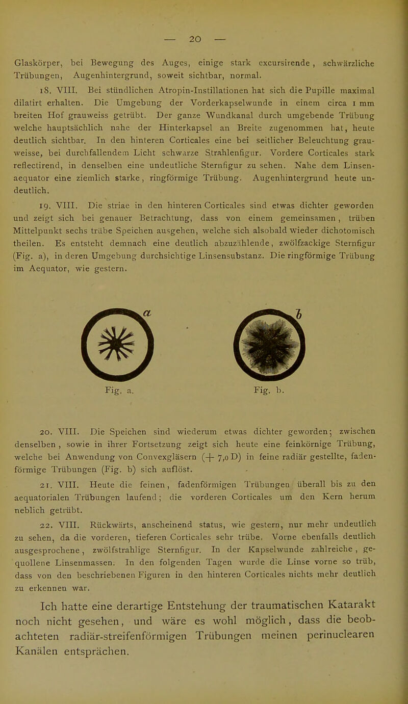 Glaskörper, bei Bewegung des Auges, einige stark excursirende, schwärzliche Trübungen, Augenhintergrund, soweit sichtbar, normal. 18. VIII. Bei stündlichen Atropin-Instillationen hat sich die Pupille maximal dilatirt erhalten. Die Umgebung der Vorderkapselwunde in einem circa 1 mm breiten Hof grauweiss getrübt. Der ganze Wundkanal durch umgebende Trübung welche hauptsächlich nahe der Hinterkapsel an Breite zugenommen hat, heute deutlich sichtbar. In den hinteren Corticales eine bei seitlicher Beleuchtung grau- weisse, bei durchfallendem Licht schwarze Strahlenfigur. Vordere Corticales stark reflectirend, in denselben eine undeutliche Sternfigur zu sehen. Nahe dem Linsen- aequator eine ziemlich starke , ringförmige Trübung. Augenhintergrund heute un- deutlich. ig. VIII. Die Striae in den hinteren Corticales sind etwas dichter geworden und zeigt sich bei genauer Betrachtung, dass von einem gemeinsamen , trüben Mittelpunkt sechs trübe Speichen ausgehen, welche sich alsobald wieder dichotomisch theilen. Es entsteht demnach eine deutlich abzuzahlende, zwölfzackige Sternfigur (Fig. a), in deren Umgebung durchsichtige Linsensubstanz. Die ringförmige Trübung im Aequator, wie gestern. Fig. a. Fig. b. 20. VIII. Die Speichen sind wiederum etwas dichter geworden; zwischen denselben , sowie in ihrer Fortsetzung zeigt sich heute eine feinkörnige Trübung, welche bei Anwendung von Convexgläsern (-(- 7,0 D) in feine radiär gestellte, faden- förmige Trübungen (Fig. b) sich auflöst. 21. VIII. Heute die feinen, fadenförmigen Trübungen überall bis zu den aequatorialen Trübungen laufend; die vorderen Corticales um den Kern herum neblich getrübt. 22. VIII. Rückwärts, anscheinend Status, wie gestern, nur mehr undeutlich zu sehen, da die vorderen, tieferen Corticales sehr trübe. Vorne ebenfalls deutlich ausgesprochene, zwölfstrahl ige Sternfigur. In der Kapselwunde zahlreiche , ge- quollene Linsenmassen. In den folgenden Tagen wurde die Linse vorne so trüb, dass von den beschriebenen Figuren in den hinteren Corticales nichts mehr deutlich zu erkennen war. Ich hatte eine derartige Entstehung der traumatischen Katarakt noch nicht gesehen, und wäre es wohl möglich, dass die beob- achteten radiär-streifenförmigen Trübungen meinen perinuclearen Kanälen entsprächen.