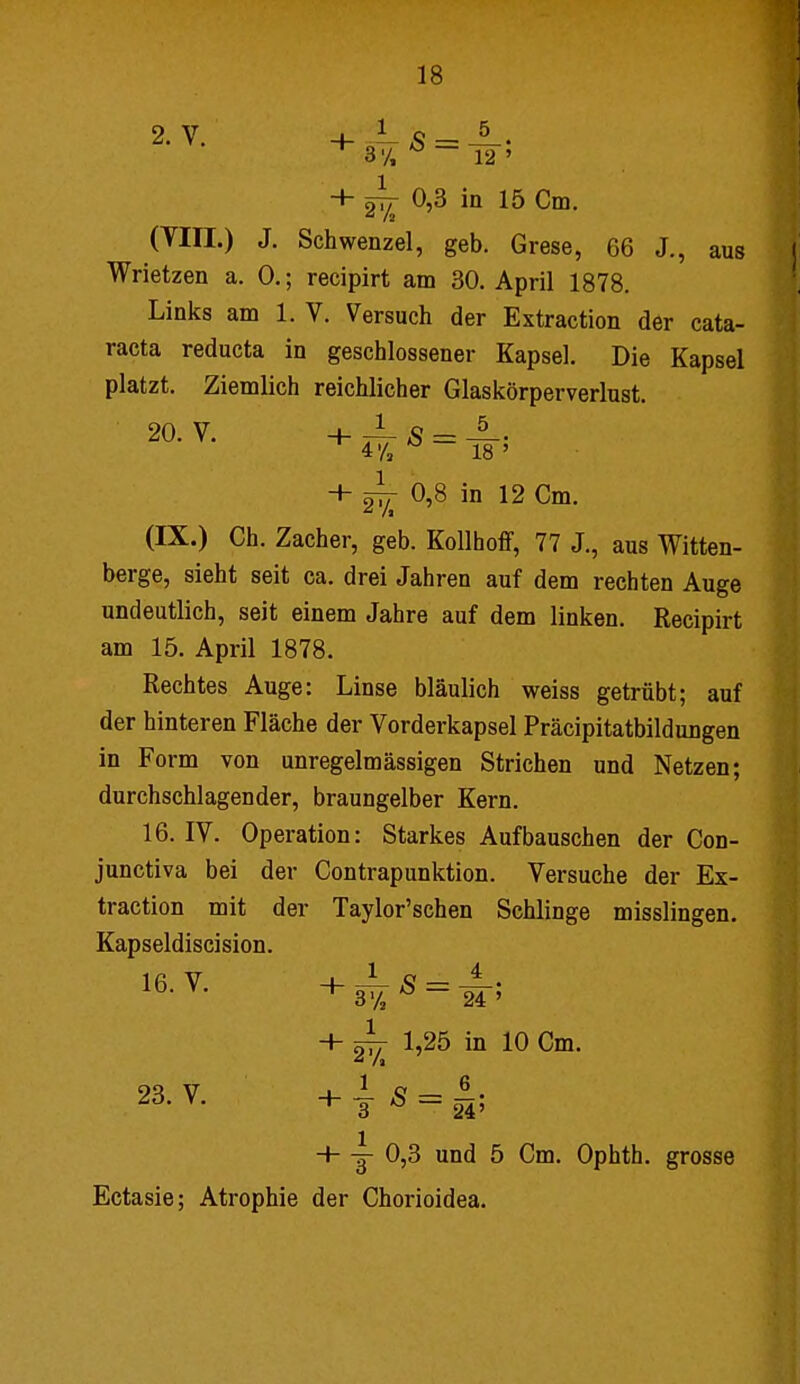 •3y, ° 12' + 0,3 in 15 Cm. (Tin.) J. Schwenzel, geb. Grese, 66 J., aus Wrietzen a. 0.; recipirt am 30. April 1878. Links am 1. V. Versuch der Extraction der Cata- racta reducta in geschlossener Kapsel. Die Kapsel platzt. Ziemlich reichlicher Glaskörperverlust. 20. V. -+- -L S = —• 4 Vi ° 18 ' + ~ 0,8 in 12 Cm. (IX.) Ch. Zacher, geb. Kollhoff, 77 J., aus Witten- berge, sieht seit ca. drei Jahren auf dem rechten Auge undeutlich, seit einem Jahre auf dem linken. Recipirt am 15. April 1878. Rechtes Auge: Linse bläulich weiss getrübt; auf der hinteren Fläche der Vorderkapsel Präcipitatbildungen in Form von unregelmässigen Strichen und Netzen; durchschlagender, braungelber Kern. 16. IV. Operation: Starkes Aufbauschen der Con- junctiva bei der Contrapunktion. Versuche der Ex- traction mit der Taylor'schen Schlinge misslingen. Kapseldiscision. 16-v- +w,s = w- + 1,25 in 10 Cm. 23. v. +js = 24; + y 0,3 und 5 Cm. Ophth. grosse Ectasie; Atrophie der Chorioidea.