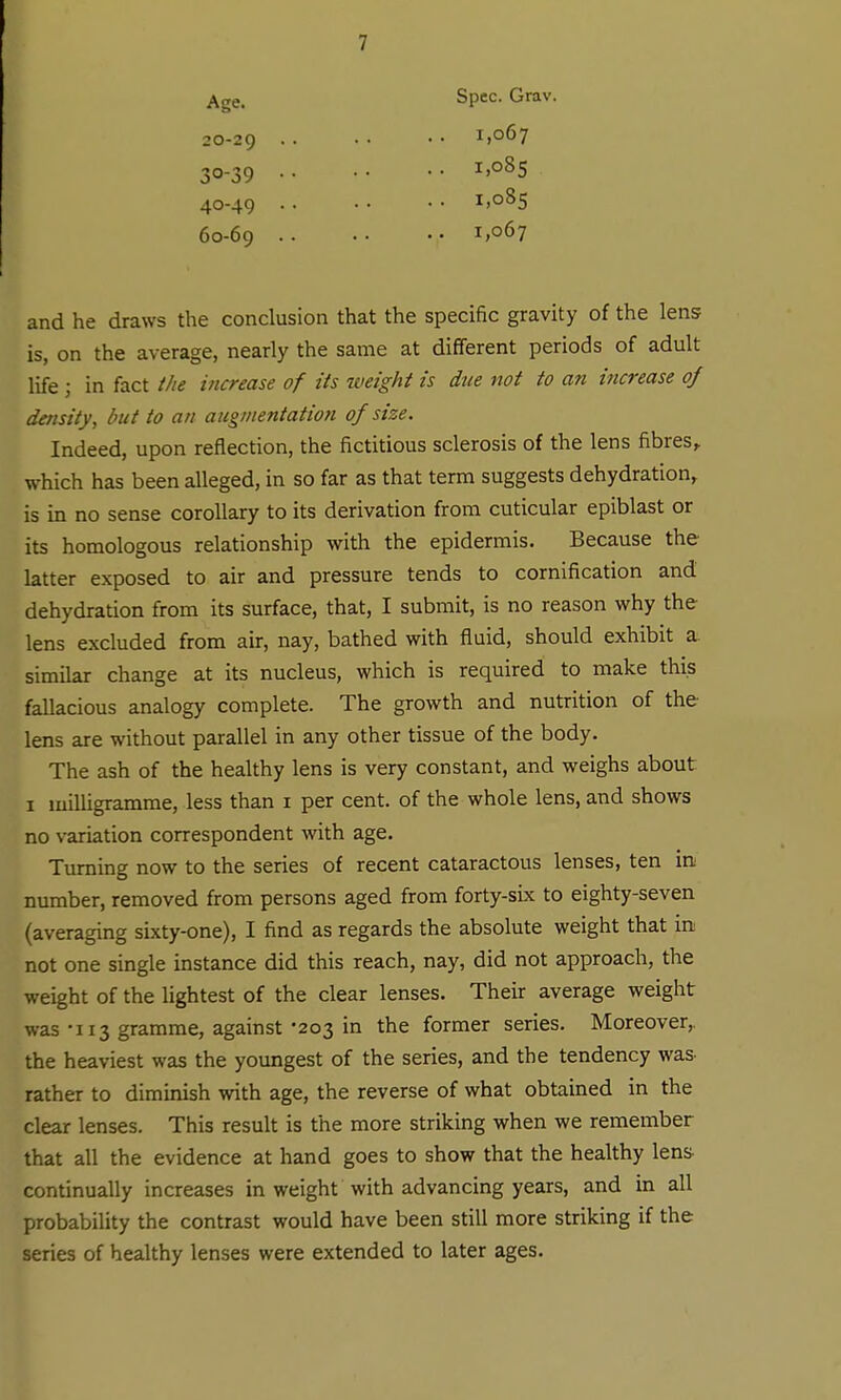 Spec. Grav. 1,067 1,085 1,085 1,067 and he draws the conclusion that the specific gravity of the lens is, on the average, nearly the same at different periods of adult life ; in fact ihe iticrease of its weight is due not to an increase of density, but to an augmentation of size. Indeed, upon reflection, the fictitious sclerosis of the lens fibres,, which has been alleged, in so far as that term suggests dehydration, is in no sense corollary to its derivation from cuticular epiblast or its homologous relationship with the epidermis. Because the latter exposed to air and pressure tends to cornification and dehydration from its surface, that, I submit, is no reason why the lens excluded from air, nay, bathed with fluid, should exhibit a. similar change at its nucleus, which is required to make this fallacious analogy complete. The growth and nutrition of the lens are without parallel in any other tissue of the body. The ash of the healthy lens is very constant, and weighs about I milligramme, less than i per cent, of the whole lens, and shows no variation correspondent with age. Turning now to the series of recent cataractous lenses, ten in number, removed from persons aged from forty-six to eighty-seven (averaging sixty-one), I find as regards the absolute weight that in not one single instance did this reach, nay, did not approach, the weight of the lightest of the clear lenses. Their average weight was-113 gramme, against-203 in the former series. Moreover,, the heaviest was the youngest of the series, and the tendency was rather to diminish with age, the reverse of what obtained in the clear lenses. This result is the more striking when we remember that all the evidence at hand goes to show that the healthy lens continually increases in weight with advancing years, and in all probability the contrast would have been still more striking if the series of healthy lenses were extended to later ages. Age. 20-29 30-39 40-49 60-69