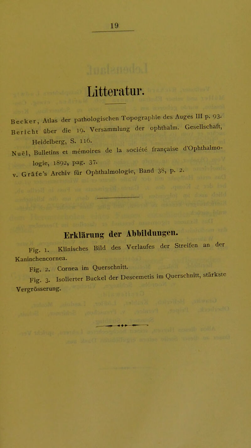 Litteratur. Becker, Atlas der pathologischen Topographie des Auges III p. 93- Bericht über die 19- Versammlung der ophthalm. Gesellschaft, Heidelberg, S. 116. Nuel, Bulletins et memoires de la sociele fran?,aise d'Ophthalmo- logie, 1892, pag. 37. V. Gräfe's Archiv für Ophthalmologie, Band 38, p. 2. Erklärung der Abbildungen. Fig. 1. Klinisches Bild des Verlaufes der Streifen an der Kaninchencornea. Fig. 2. Cornea im Querschnitt. Fig. 3. Isolierter Buckel der Descemetis im Querschnitt, stärkste Vergrösserung.
