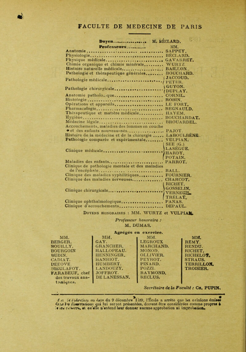 Doyen M. BECLARD. Professenrs MM. Anatomie SAPPEY, Physiologie BÉCI.ARD. Physique médicale GAVARRËT. Chimie organique et chimie minérale WURTZ. Histoire naturelle médicale BAILLON . Pathologie et thérapeutique générales BOUCHARD, Pathologie médicale JgÇ^^'^^' Pathologie chirurgicale (DUPLAY. Anatomie pathologique CORNIL. Histologie ROBIN. Opérations et appareils LE FORT. Pharmacologie REGNAULD. Thérapeutique et matière médicale HAYEM, Mygièue BOUCHARDAT. Médecine légale BROUARDEL. Accouchements, maladies des femmes en couche • et des enfants nouveau-nés PAJOT. Histoire de la médecine et de la chirurgie LABOULBÈNE. Pathologie comparée et expérimentale VULPIAN. !SEE (G.) LASÈGUE. HARDY POTAIN. Maladies des enfants PARROT. Clinique de pathologie mentale et des maladies de l'encéphale BALL. Clinique des maladies syphilitiques FOURNIER, Clinique des maladies nerveuses CHARCOT. iRICHET. VERNEUÎL TRÉLATo Clinique ophthalmologique PANAS. Clinique d'accouchements DEPAUL. Doyens honoraires : MM. WURTZ et VULPIAJt Professeur honoraire : M. DUMAS. MM. BERGER. BOUILLY. BOURGOIN BUDIN. CADIAT. DEEOVE, BïEULAFOY. FARABEUF, chef des travaux ana- t^uai^ticj. Agrégés MM. GAY. GRANCHER. IIALLOPEAU. HENNINGER. HaNRIOT. HUMBERT. LANDOUZY. JOFFROY. DE LANES.SAN. en exercice. MM. LEGROUX MARCHAND. MONOD. OLLIVŒR. PEYROT. PINARD. POZZI. RAYMOND. RECLUS. MM. REMY. RENDU, RICHET. RICHELO», STRAUS. TERRILLOW. TROISIER. Secrétaire de la Faculté : Ch. PUPIN, if «1 u<i'»tiou aa date du 9 décembre 1789, l'ÉcoIo a arrêté que les Of inions éini««8 ff^îji Jti ^iiarrtauous qui lui seront présentées, doivent être considérées comme proprei 4 i f i*'M?rht «A'«\se Q'«ntend)«ur donner aucune approbation ni improbatiofta