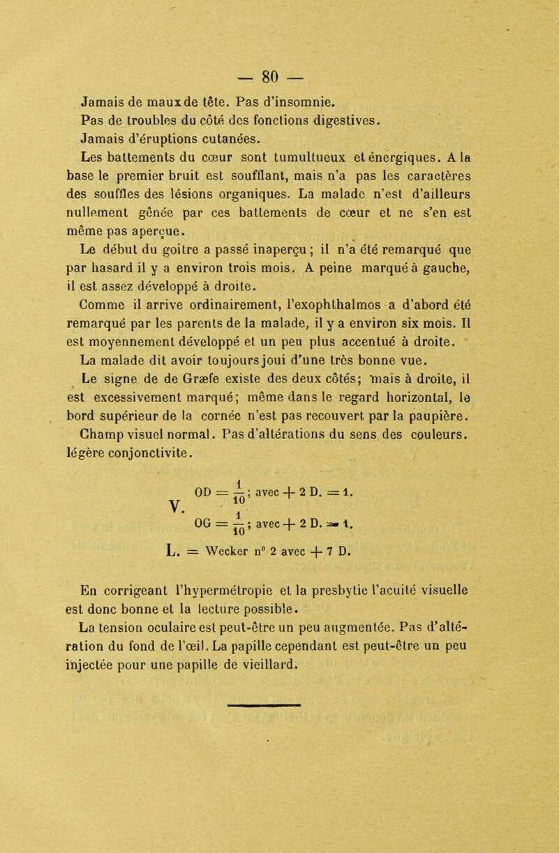 Jamais de maux de tête. Pas d'insomnie. Pas de troubles du côté des fondions digestives. Jamais d'éruptions cutanées. Les battements du cœur sont tumultueux et énergiques. A la base le premier bruit est soufflant, mais n'a pas les caractères des souffles des lésions organiques. La malade n'est d'ailleurs nullement gênée par ces battements de cœur et ne s'en est même pas aperçue. Le début du goitre a passé inaperçu ; il n'a été remarqué que par hasard il y a environ trois mois. A peine marqué à gauche, il est assez développé à droite. Comme il arrive ordinairement, l'exophthalmos a d'abord été remarqué par les parents de la malade, il y a environ six mois. Il est moyennement développé et un peu plus accentué à droite. La malade dit avoir toujours joui d'une très bonne vue. Le signe de de Graefe existe des deux côtés; mais à droite, il est excessivement marqué; même dans le regard horizontal, le bord supérieur de la cornée n'est pas recouvert par la paupière. Champ visuel normal. Pas d'altérations du sens des couleurs, légère conjonctivite. OD = 4;; avec + 2D. =1. V. OG = ^; avec+2 D. 1, L. = Wecker n» 2 avec + 7 D. En corrigeant l'hypermétropie et la presbytie l'acuilé visuelle est donc bonne et la lecture possible. La tension oculaire est peut-être un peu augmentée. Pas d'alté- ration du fond de l'œil. La papille cependant est peut-être un peu injectée pour une papille de vieillard.