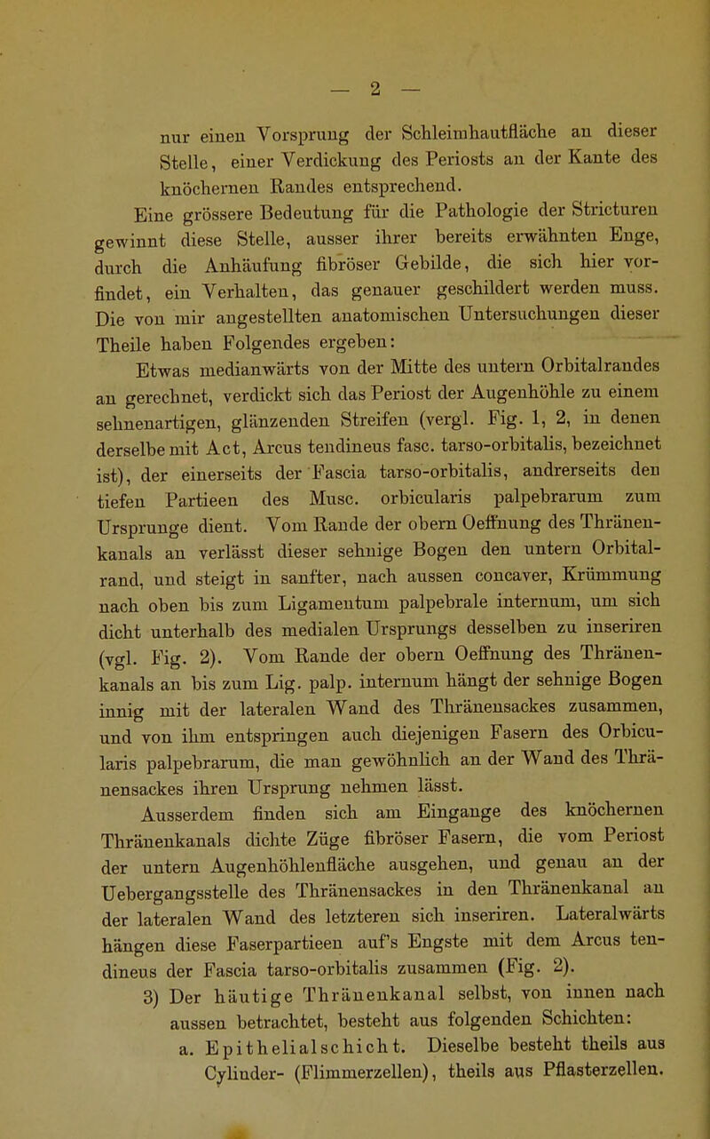 nur einen Vorsprung der Schleimhautfläche an dieser Stelle, einer Verdickung des Periosts an der Kante des knöchernen Randes entsprechend. Eine grössere Bedeutung für die Pathologie der Stricturen gewinnt diese Stelle, ausser ihrer bereits erwähnten Enge, durch die Anhäufung fibröser Gebilde, die sich hier vor- findet, ein Verhalten, das genauer geschildert werden muss. Die von mir angestellten anatomischen Untersuchungen dieser Theile haben Folgendes ergeben: Etwas medianwärts von der Mitte des untern Orbitalrandes an gerechnet, verdickt sich das Periost der Augenhöhle zu einem sehnenartigen, glänzenden Streifen (vergl. Fig. 1, 2, in denen derselbe mit Act, Arcus tendineus fasc. tarso-orbitalis, bezeichnet ist), der einerseits der Fascia tarso-orbitalis, andrerseits deu tiefen Partieen des Muse, orbicularis palpebrarum zum Ursprünge dient. Vom Rande der obern Oeffnung des Thränen- kanals an verlässt dieser sehnige Bogen den untern Orbital- rand, und steigt in sanfter, nach aussen coneaver, Krümmung nach oben bis zum Ligamentum palpebrale internum, um sich dicht unterhalb des medialen Ursprungs desselben zu inseriren (vgl. Fig. 2). Vom Rande der obern Oeffnung des Thränen- kanals an bis zum Lig. palp. internum hängt der sehnige Bogen innig mit der lateralen Wand des Tlrränensackes zusammen, und von ihm entspringen auch diejenigen Fasern des Orbicu- laris palpebrarum, die man gewöhnlich an der Wand des Tlrrä- nensackes ihren Ursprung nehmen lässt. Ausserdem finden sich am Eingange des knöchernen Thränenkanals dichte Züge fibröser Fasern, die vom Periost der untern Augenhöhlenfläche ausgehen, und genau an der Uebergangsstelle des Thränensackes in den Thränenkanal an der lateralen Wand des letzteren sich inseriren. Lateralwärts hängen diese Faserpartieen auf's Engste mit dem Arcus ten- dineus der Fascia tarso-orbitalis zusammen (Fig. 2). 3) Der häutige Thränenkanal selbst, von innen nach aussen betrachtet, besteht aus folgenden Schichten: a. Epithelialschicht. Dieselbe besteht theils aus Cylinder- (Flimmerzellen), theils aus Pflasterzellen.