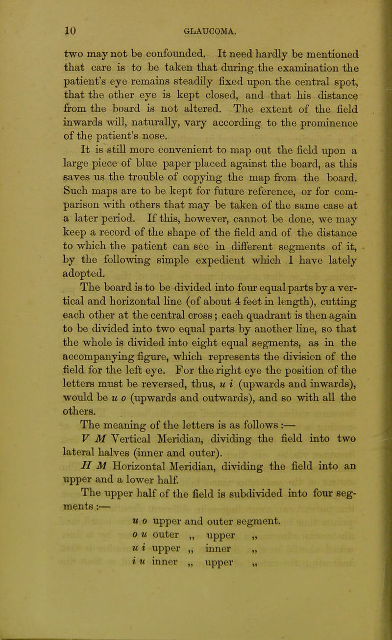 two may not be confoiinded. It need hardly be mentioned that care is to be taken that during the examination the patient's eye remains steadily fixed upon the central spot, that the other eye is kept closed, and that his distance from the board is not altered. The extent of the field inwards will, naturally, vary according to the prominence of the patient's nose. It is still more convenient to map out the field upon a large piece of blue paper placed against the board, as this saves us the trouble of copying the map from the board. Such maps are to be kept for future reference, or for com- parison with others that may be taken of the same case at a later period. If this, however, cannot be done, we may keep a record of the shape of the field and of the distance to which the patient can see in different segments of it, by the following simple expedient which I have lately adopted. The board is to be divided into fom- equal parts by a ver- tical and horizontal line (of about 4 feet in length), cutting each other at the central cross; each quadrant is then again to be divided into two equal parts by another line, so that the whole is divided into eight equal segments, as iu the accompanying figure, which represents the division of the field for the left eye. For the right eye the position of the letters must be reversed, thus, u i (upwards and iuwards), would be M 0 (upwards and outwards), and so with aU the others. The meaning of the letters is as follows:— V M Vertical Meridian, dividing the field into two lateral halves (inner and outer). H M Horizontal Meridian, dividing the field into an upper and a lower half The upper half of the field is subdivided into four seg- ments :— M 0 upper and outer segment. 0 u outer „ xipper „ u i upper „ inner „ 1 u inner „ upper „