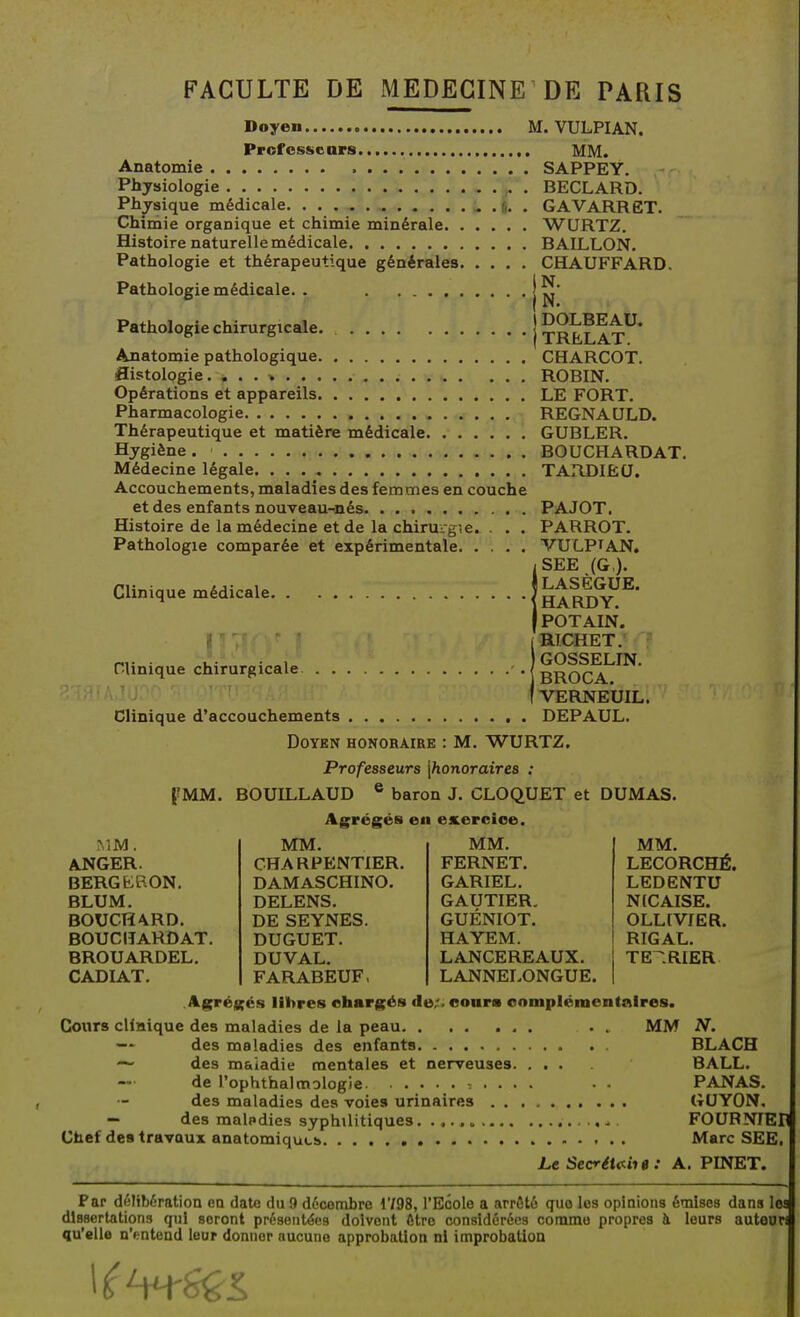 Doyen. Professe ars Anatomie Physiologie - • • Physique médicale . fi. Chimie organique et chimie minérale Histoire naturelle médicale Pathologie et thérapeutique générales. . . . Pathologie médicale. . Pathologie chirurgicale. Anatomie pathologique flistolpgie. ...» Opérations et appareils Pharmacologie Thérapeutique et matière médicale Hygiène. Médecine légale Accouchements, maladies des femmes en couche et des enfants nouveau-nés Histoire de la médecine et de la chiru- g-,e. . . . Pathologie comparée et expérimentale Clinique médicale. nUnique chirurgicale . . Clinique d'accouchements M. VULPIAN. MM. . SAPPEY. . BECLARD. . GAVARRET. . WURTZ. . BAILLON. . CHAUFFARD. )N. •|N. DOLBEAU. TRELAT. CHARCOT. ROBIN. LE FORT. REGNA ULD. GUBLER. BOUCHARDAT. TARDIEQ. PAJOT. PARROT. VULPTAN. SEE (G,). LASÈGUE. HARDY. POT AIN. aiCHET. GOSSELIN. BROCA. VERNEUIL. DEPAUL. Doyen honoraire : M. WURTZ. Professeurs \honoraires : PMM. BOUILLAUD ® baron J. CLOQUET et DUMAS. !MM. ANGER. BERGb:P.ON, BLUM. BOUCTÎ\RD. BOUCIÎAHDAT. BROUARDEL. CADIAT. Agrégés en MM. CHARPENTIER. DAMASCHINO. DELENS. DE SEYNES. DUGUET. DUVAL. FARABEUF, ejLercioe. MM. FERNET. GARIEL. GAUTIER. GUÉNIOT. HAYEM. LANCEREAUX. LANNELONGUE. MM. LECORCHÉ. LEDENTU NICAISE. OLLIVJER. RIGAL. TE^.RIER ^S^'^KCS libres chargés de;, eonrs onmplémentnires. Cours clinique des maladies de la peau . . MM — des maladies des enfants — des maladie mentales et nerveuses. ... de l'ophthalmologie- ......... des maladies des voies urinaires — des maladies syphilitiques. Chef des travaux anatomiqucs t .. N. BLACH BALL. PANAS. GUYON, FOURNIEr Marc SEE. Le Secrétc^iie : A. PINET. Par délibération en date du 9 décembre 1798, l'EÔole a arrêté que les opinions émises dans les dissertations qui seront présentées doivent Atro considérées comme propres h leurs auteun qu'elle n'entend leur donner nucune approbation ni improbation