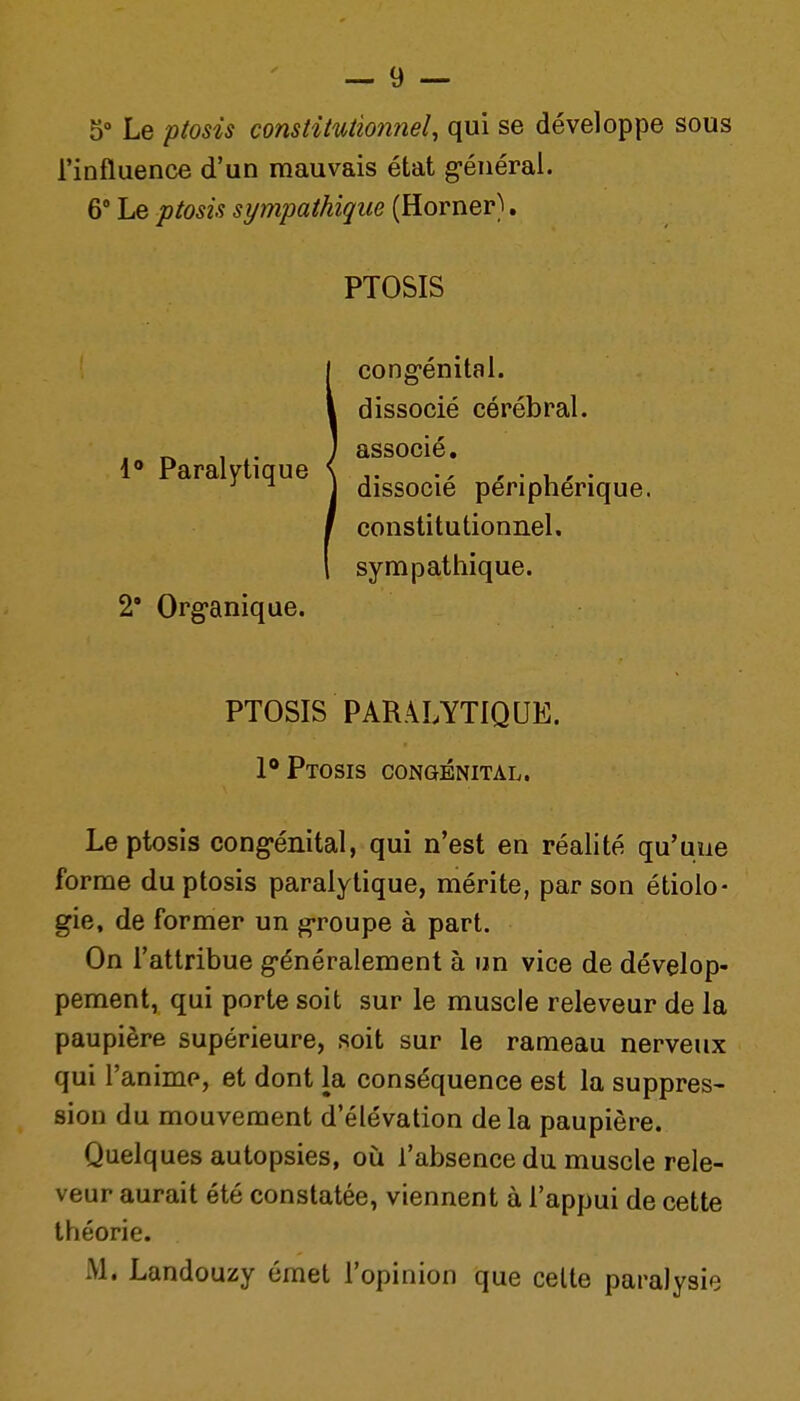 5° Le ptosis constitutionnel, qui se développe sous l'influence d'un mauvais état g-énérai. 6° Le ptosis sympathique (Horner). PTOSIS congénital, dissocié cérébral, associé. dissocié périphérique, constitutionnel, sympattiique. PTOSIS PARALYTIQUE. 1® Ptosis congénital. Le ptosis cong-énital, qui n'est en réalité qu'une forme du ptosis paralytique, mérite, par son étiolo- gie, de former un groupe à part. On l'attribue généralement à un vice de dévelop- pement, qui porte soit sur le muscle releveur de la paupière supérieure, soit sur le rameau nerveux qui l'anime, et dont la conséquence est la suppres- sion du mouvement d'élévation delà paupière. Quelques autopsies, où l'absence du muscle rele- veur aurait été constatée, viennent à l'appui de cette théorie. M. Landouzy émet l'opinion que celte paralysie 1* Paralytique 2' Organique.