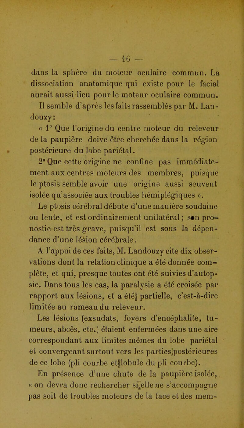 dans la sphère du moteur oculaire commun. La dissociation anatomique qui existe pour le facial aurait aussi lieu pour le moteur oculaire commun. Il semble d'après les faits rassemblés par M. Lan- douzy: « 1° Que l'origine du centre moteur du releveur de la paupière doive être cherchée dans la rég-ion postérieure du lobe pariétal. 2° Que cette orig-ine ne confine pas immédiate- ment aux centres moteurs des membres, puisque le ptosis semble avoir une orig-ine aussi souvent isolée qu'associée aux troubles hémiplég-iques ». Le ptosis cérébral débute d'une manière soudaine ou lente, et est ordinairement unilatéral; s«n pro- nostic est très g-rave, puisqu'il est sous la dépen- dance d'une lésion cérébrale. A l'appui de ces faits, M. Landouzy cite dix obser- vations dont la relation clinique a été donnée com- plète, et qui, presque toutes ont été suivies d'autop- sie. Dans tous les cas, la paralysie a été croisée par rapport aux lésions, et a été^ partielle, c'est-à-dire limitée au rameau du releveur. Les lésions (exsudats, foyers d'encéphalite, tu- meurs, abcès, etc.) étaient enfermées dans une aire correspondant aux limites mêmes du lobe pariétal et converg-eant surtout vers les partiesjpostérieures de ce lobe (pli courbe etflobule du pli courbe). En présence d'une chute delà paupière isolée, « on devra donc rechercher si^elle ne s'accompag-ne pas soit de troubles moteurs de la face et des mem-