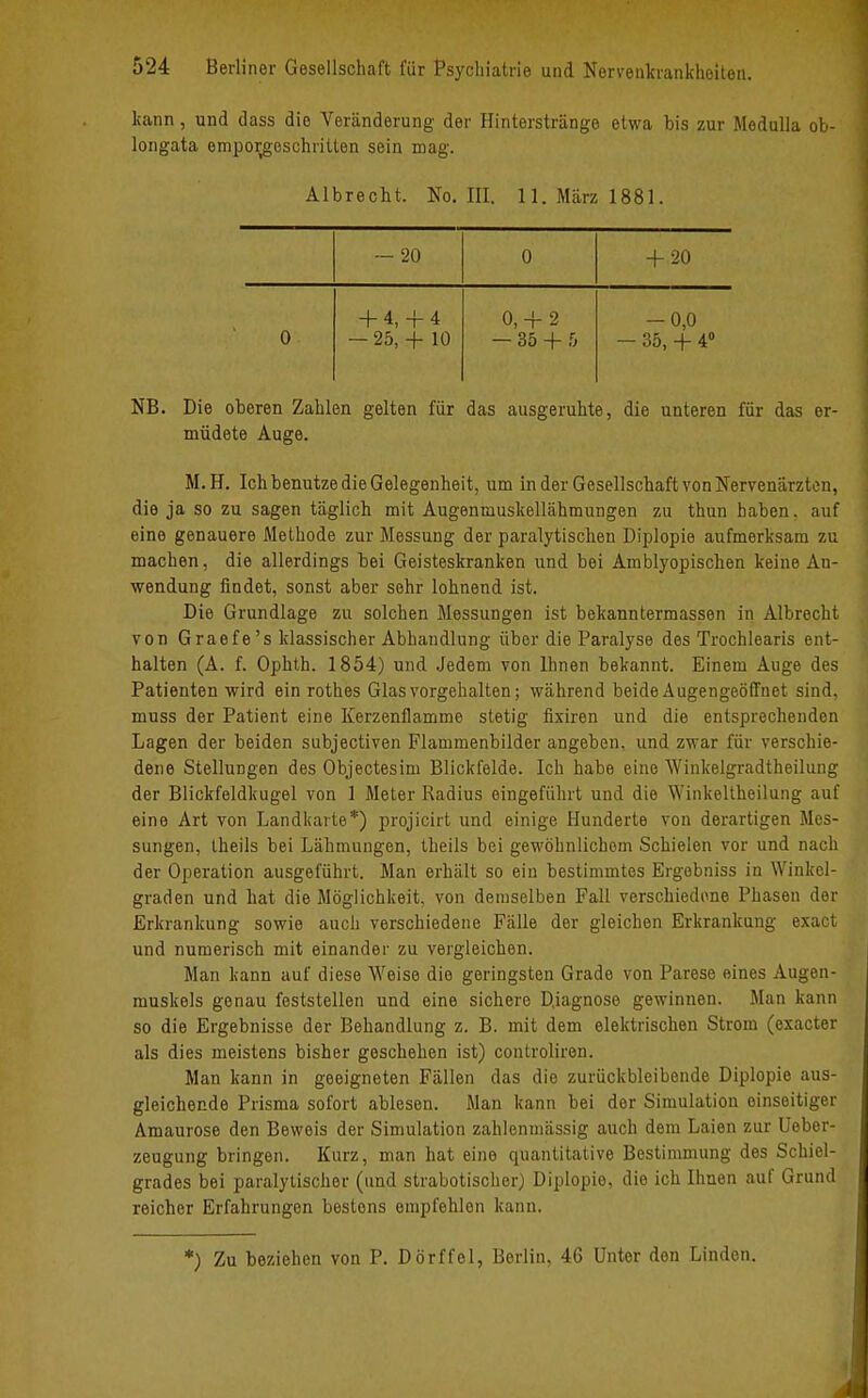kann, und dass die Veränderung der Hinterstränge etwa bis zur Medulla ob- longata emporgeschritlen sein mag. Albrecht. No. III. 11. März 1881. — 20 0 + 20 0 + 4,+ 4 — 25, + 10 0, + 2 — 35 + 5 — 0,0 - 35, + 4° NB. Die oberen Zahlen gelten für das ausgeruhte, die unteren für das er- müdete Auge. M.H. Ich benutze die Gelegenheit, um in der Gesellschaft von Nervenärzten, die ja so zu sagen täglich mit Augenmuskellähmungen zu thun haben, auf eine genauere Methode zur Messung der paralytischen Diplopie aufmerksam zu machen, die allerdings bei Geisteskranken und bei Amblyopischen keine An- wendung findet, sonst aber sehr lohnend ist. Die Grundlage zu solchen Messungen ist bekanntermassen in Albrecht von Graefe's klassischer Abhandlung über die Paralyse des Trochlearis ent- halten (A. f. Ophth. 1854) und Jedem von Ihnen bekannt. Einem Auge des Patienten wird ein rothes Glas vorgehalten; während beide Augengeöffnet sind, muss der Patient eine Kerzenflamme stetig fixiren und die entsprechenden Lagen der beiden subjectiven Flammenbilder angeben, und zwar für verschie- dene Stellungen des Objectesim Blickfelde. Ich habe eine Winkelgradtheilung der Blickfeldkugel von 1 Meter Radius eingeführt und die Winkeltheilung auf eine Art von Landharte*) projicirt und einige Hunderte von derartigen Mes- sungen, theils bei Lähmungen, theils bei gewöhnlichem Schielen vor und nach der Operation ausgeführt. Man erhält so ein bestimmtes Ergebniss in Winkel- graden und hat die Möglichkeit, von demselben Fall verschiedene Phasen der Erkrankung sowie auch verschiedene Fälle der gleichen Erkrankung exact und numerisch mit einander zu vergleichen. Man kann auf diese Weise die geringsten Grade von Parese eines Augen- muskels genau feststellen und eine sichere Diagnose gewinnen. Man kann so die Ergebnisse der Behandlung z. B. mit dem elektrischen Strom (exacter als dies meistens bisher geschehen ist) controliren. Man kann in geeigneten Fällen das die zurückbleibende Diplopie aus- gleichende Prisma sofort ablesen. Man kann bei der Simulation einseitiger Amaurose den Beweis der Simulation zahlenmässig auch dem Laien zur Ueber- zeugung bringen. Kurz, man hat eine quantitative Bestimmung des Schicl- grades bei paralytischer (und strabotischer) Diplopie, die ich Ihnen auf Grund reicher Erfahrungen bestons empfehlen kann. *) Zu beziehen von P. Dorf fei, Berlin, 46 Unter den Linden.