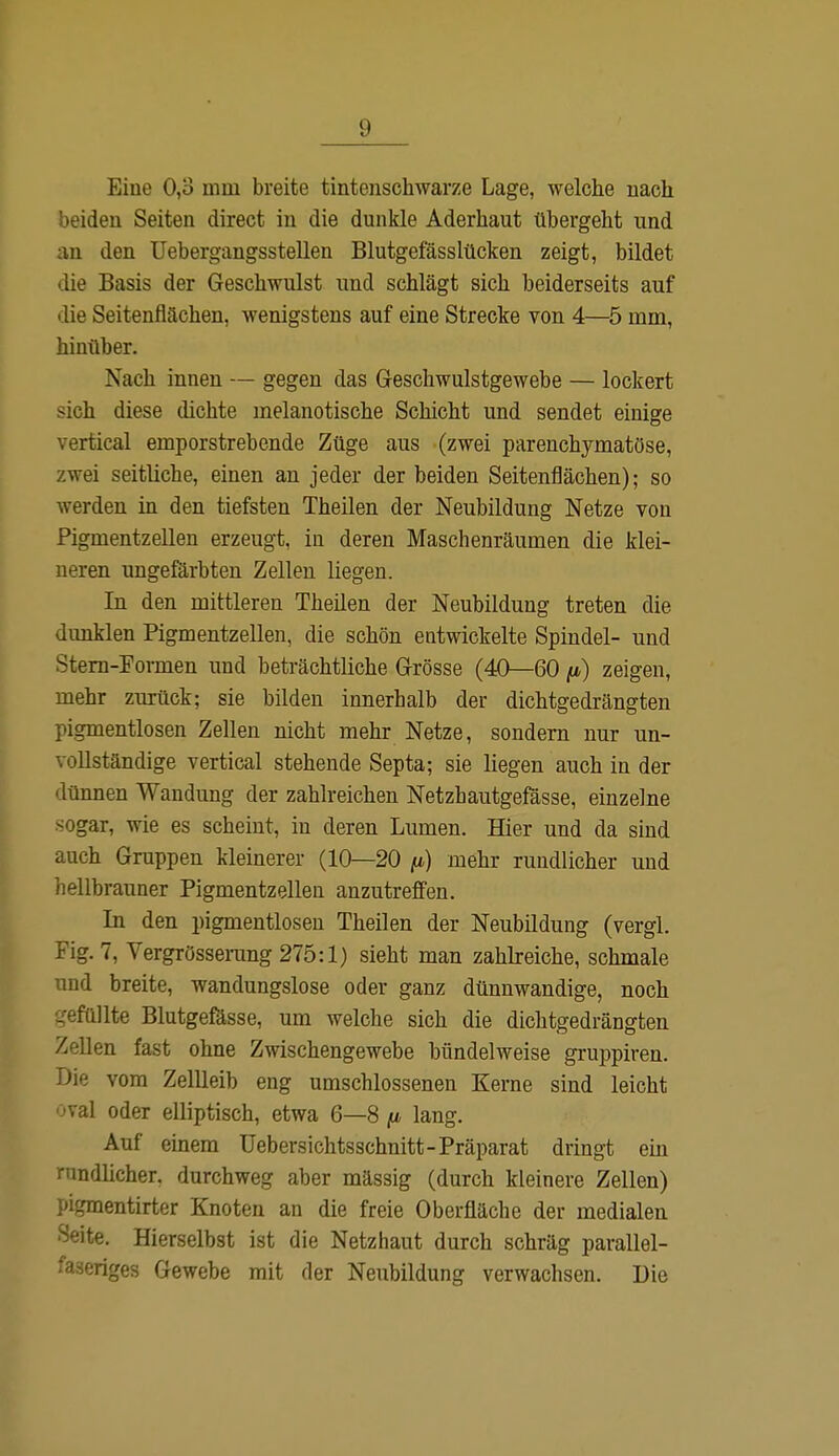 Eine 0,3 mm breite tintenschwarze Lage, welche nach beiden Seiten direct in die dunkle Aderhaut übergeht und an den Uebergangsstellen Blutgefässlücken zeigt, bildet die Basis der Geschwulst und schlägt sich beiderseits auf die Seitenflächen, wenigstens auf eine Strecke von 4—5 mm, hinüber. Nach innen — gegen das Geschwulstgewebe — lockert -ich diese dichte melanotische Schicht und sendet einige vertical emporstrebende Züge aus (zwei parenchymatöse, zwei seitliche, einen an jeder der beiden Seitenflächen); so werden in den tiefsten Theilen der Neubildung Netze von Pigmentzellen erzeugt, in deren Maschenräumen die klei- neren ungefärbten Zellen liegen. In den mittleren Theilen der Neubildung treten die dunklen Pigmentzellen, die schön entwickelte Spindel- und Stern-Formen und beträchtliche Grösse (40—60 /*) zeigen, mehr zurück; sie bilden innerhalb der dichtgedrängten pigmentlosen Zellen nicht mehr Netze, sondern nur un- vollständige vertical stehende Septa; sie liegen auch in der dünnen Wandung der zahlreichen Netzhautgefässe, einzelne sogar, wie es scheint, in deren Lumen. Hier und da sind auch Gruppen kleinerer (10—20 fi) mehr rundlicher und hellbrauner Pigmentzellen anzutreffen. In den pigmentlosen Theilen der Neubildung (vergl. Fig. 7, Vergrösserung 275:1) sieht man zahlreiche, schmale und breite, wandungslose oder ganz dünnwandige, noch gefüllte Blutgefässe, um welche sich die dichtgedrängten Zellen fast ohne Zwischengewebe bündelweise gruppiren. Die vom Zellleib eng umschlossenen Kerne sind leicht oval oder elliptisch, etwa 6—8 fi lang. Auf einem Uebersichtsschnitt-Präparat dringt ein rundlicher, durchweg aber mässig (durch kleinere Zellen) pigmentirter Knoten an die freie Oberfläche der medialen Seite. Hierselbst ist die Netzhaut durch schräg parallel- faseriges Gewebe mit der Neubildung verwachsen. Die
