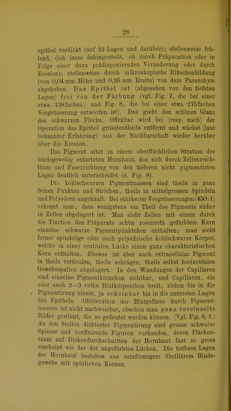 opithel verdickt (auf 12 Lagen und darüber); stellenweise feh- lend, (ich lasse dahingestellt, ob durch Präparation oder in Folge einer dazu prädisponirenden Veränderung oder durch Erosion); stellenweise durch mikroskopische Bläschenbildung (von 0,04 mm Höhe und 0,26 mm Breite) von dem Parenchym abgehoben. Das Epithel ist (abgesehen von den tiefsten Lagen) frei von der Färbung (vgl. Fig. 7, die bei einer etwa 138fachen, und Fig. 8, die bei einer etwa 275fachen Vergrösserung entworfen ist). Das giebt den schönen Glanz des schwarzen Flecks. Offenbar wird bei (resp. nach) der Operation das Epithel grösstentheils entfernt und wächst (laut bekannter Erfahrung) aus der Nachbarschaft wieder herüber über die Erosion. Das Pigment sitzt in einem oberflächlichen Stratum der bindegewebig entarteten Hornhaut, das sich durch Zellenreich- thum und Faserrichtung von den tieferen nicht pigmentirten Lagen deutlich unterscheidet (s. Fig. 8). Die kohlschwarzen Pigmentmassen sind theils in ganz feinen Punkten und Strichen, theils in mittelgrossen Spindeln und Polyedern angehäuft. Bei stärkeren Vergrösserungen (450:1) erkennt man, dass wenigstens ein Theil des Pigments sicher in Zellen abgelagert ist. Man sieht Zellen mit einem durch die Tinction des Präparats schön rosenroth gefärbtem Kern einzelne schwarze Pigmentpünktchen enthalten; man sieht ferner spindelige oder auch polyedrische kohlschwarze Körper, welche in einer centralen Lücke einen ganz charakteristischen Kern enthalten. Ebenso ist aber auch extracellular Pigment in theils verticalen, theils schrägen, theils selbst horizontalen Gewebsspalten abgelagert. In den Wandungen der Capillaren sind einzelne Pigmentkörnchen sichtbar, und Capillaren. ein oder auch 2-3 rothe Blutkörperchen breit, ziehen bis in die # Pigmentirung hinein, ja scheinbar bis in die untersten Lagen des Epithels. Oblitoration der Blutgefässe durch Pigment- massen ist nicht nachweisbar, obschon man ganz vereinzelte Bilder gewinnt, die so gedeutet werden können. (Vgl. Fig. 8, 1.) An den Stellen dichtester Pigmentirung sind grosse schwarze Spiesse und confluirende Figuren vorhanden, deren Flächen- raum auf Dickendurchschnitten der Hornhaut fast so gross erscheint wie der der ungefärbten Lücken. Die tieferen Lagen der Hornhaut bestehen aus netzförmigem fibrillärem Binde- gewebe mit spärlichen Kernen.