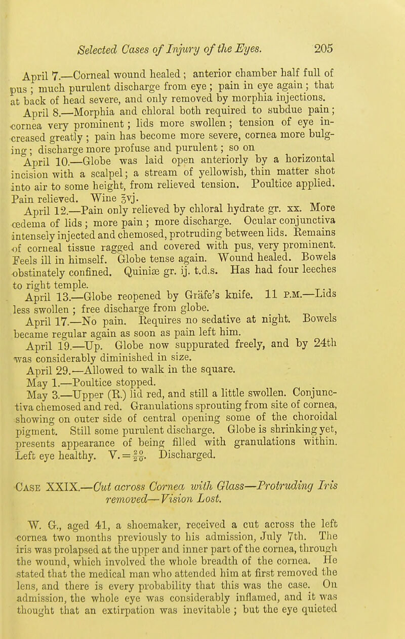 j^^pril 7. Corneal wound healed ; anterior chamber half full of pus ; much purulent discharge from eye ; pain in eye again ; that at back of head severe, and only removed by morphia injections. April 8.—Morphia and chloral both required to subdue pain; cornea very prominent; lids more swollen; tension of eye in- creased greatly ; pain has become more severe, cornea more bulg- ino-; discharge more profuse and purulent; so on April 10.—Globe was laid open anteriorly by a horizontal incision with a scalpel; a stream of yellowish, thin matter shot into air to some height, from relieved tension. Poultice applied. Pain relieved. Wine svj. April 12.—Pain only relieved by chloral hydrate gr. xx. More oedema of lids ; more pain ; more discharge. Ocular conjunctiva intensely injected and chemosed, protruding between lids. Eemains ot corneal tissue ragged and covered with pus, very prominent. Peels ill in himself. Globe tense again. Wound healed. Bowels obstinately confined. Quinise gr. ij. t.d.s. Has had four leeches to right temple. April 13.—Globe reopened by Gr life's knife. 11 p.m.—Lids less swollen ; free discharge from globe. April 17.—No pain. Eequires no sedative at night. Bowels became regular again as soon as pain left him. April 19.—^Up. Globe now suppurated freely, and by 24th was considerably diminished in size. April 29.—Allowed to walk in the square. May 1.—Poultice stopped. May 3.—Upper (E..) lid red, and still a little swollen. Conjunc- tiva chemosed and red. Granulations sprouting from site of cornea, showing on outer side of central opening some of the choroidal pigment. Still some purulent discharge. Globe is shrinking yet, presents appearance of being filled with granulations within. Left eye healthy. V. = |^. Discharged. ■Case XXIX.—Cut across Cornea with Glass—Protruding Iris removed— Vision Lost. W. G., aged 41, a shoemaker, received a cut across the left cornea two months previously to his admission, July 7th. The iris was prolapsed at the upper and inner part of the cornea, through the wound, which involved the whole breadth of the cornea. He stated that the medical man who attended him at first removed the lens, and there is every probability that this was the case. On admission, the whole eye was considerably inflamed, and it was thought that an extirpation was inevitable ; but the eye quieted