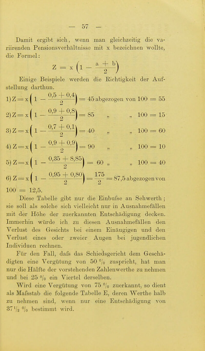 Damit ergibt sich, wenn man gleichzeitig die va- riirenden Pensionsverhältnisse mit x bezeichnen wollte, die Formel: 45 abgezogen von 100 = 55 85 „ ii 100 = 15 :40 „ ii 100 = 60 90 „ ii - 100 = 10 = 60 „ ii 100 - 40 Einige Beispiele werden die Richtigkeit der Auf- stellung darthun. 1) z = x(i-5^±M) = 2) i=x(l-0>9+°'8) = 3) Z=s(i_0£±M) = 4) Z=xj1_M+M) = 5) Z=x(l-°'ä5 + 8-85) 6) Z = x ( 1 - °'95 + °'80) = H§ = 87,5 abgezogon.cn 100 = 12,5. Diese Tabelle gibt nur die Einbufse an Sehwerth ; sie soll als solche sich vielleicht nur in Ausnahmefällen mit der Höhe der zuerkannten Entschädigung decken. Immerhin würde ich zu diesen Ausnahmefällen den Verlust des Gesichts bei einem Einäugigen und den Verlust eines oder zweier Augen bei jugendlichen Individuen rechnen. Eür den Fall, dafs das Schiedsgericht dem Geschä- digten eine Vergütung von 50 °/o zuspricht, hat man nur die Hälfte der vorstehenden Zahlenwerthe zu nehmen und bei 25 °/0 ein Viertel derselben. Wird eine Vergütung von 75 °/0 zuerkannt, so dient als Mafsstab die folgende Tabelle E, deren Werthe halb zu nehmen sind, wenn nur eine Entschädigung von 37 V2 °/o bestimmt wird.