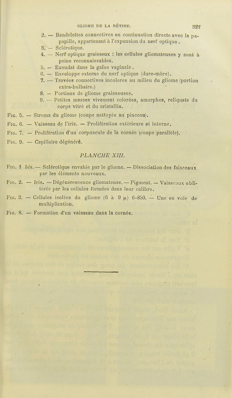GLIOMlî nu LA nÉTlNE. }{g>Ç 2. — Bandelettes connectives en continuation directe avec la pa- papille, appartenant à l'expansion du nerf optique . 8. — Sclérotique. k. — Nerf optique graisseux : les cellules gliomatcuses y sont à peine reconnaissables. ô. — Exsudât dans la gaîne vaginale . 6. — Enveloppe externe du nerf optique (dure-mère). 7. — Travées connectives incolores au milieu du gliome (portion extra-bulbaire.) 8. — Portions de gliome graisseuses. 9. — Petites masses vivement colorées, amorphes, reliquats du corps vitré et du cristallin. FiG. 5. — Stroma du gliome (coupe nettoyée au pinceau). FiG. 6. — Vaisseau de l'iris. — Prolifération extérieure et interne. FiG. 7. — Prolifération d'un corpuscule de la cornée (coupe parallèle). FiG. 9. — Capillaire dégénéré. PLANCHE XIII. FiG. 1 bis.— Sclérotique envahie parle gliome. — Dissociation des faisceaux par les éléments nouveaux. FiG. 2. — Iris. —Dégénérescence gliomateuse. — Pigment. — Vaisseaux obli- térés par les cellules formées dans leur calibre. FiG. 3. — Cellules isolées du gliome (6 à d y.) 6-850. — Une en voie de multiplication. FiG. 8. — Formation d'un vaisseau dans la cornée.