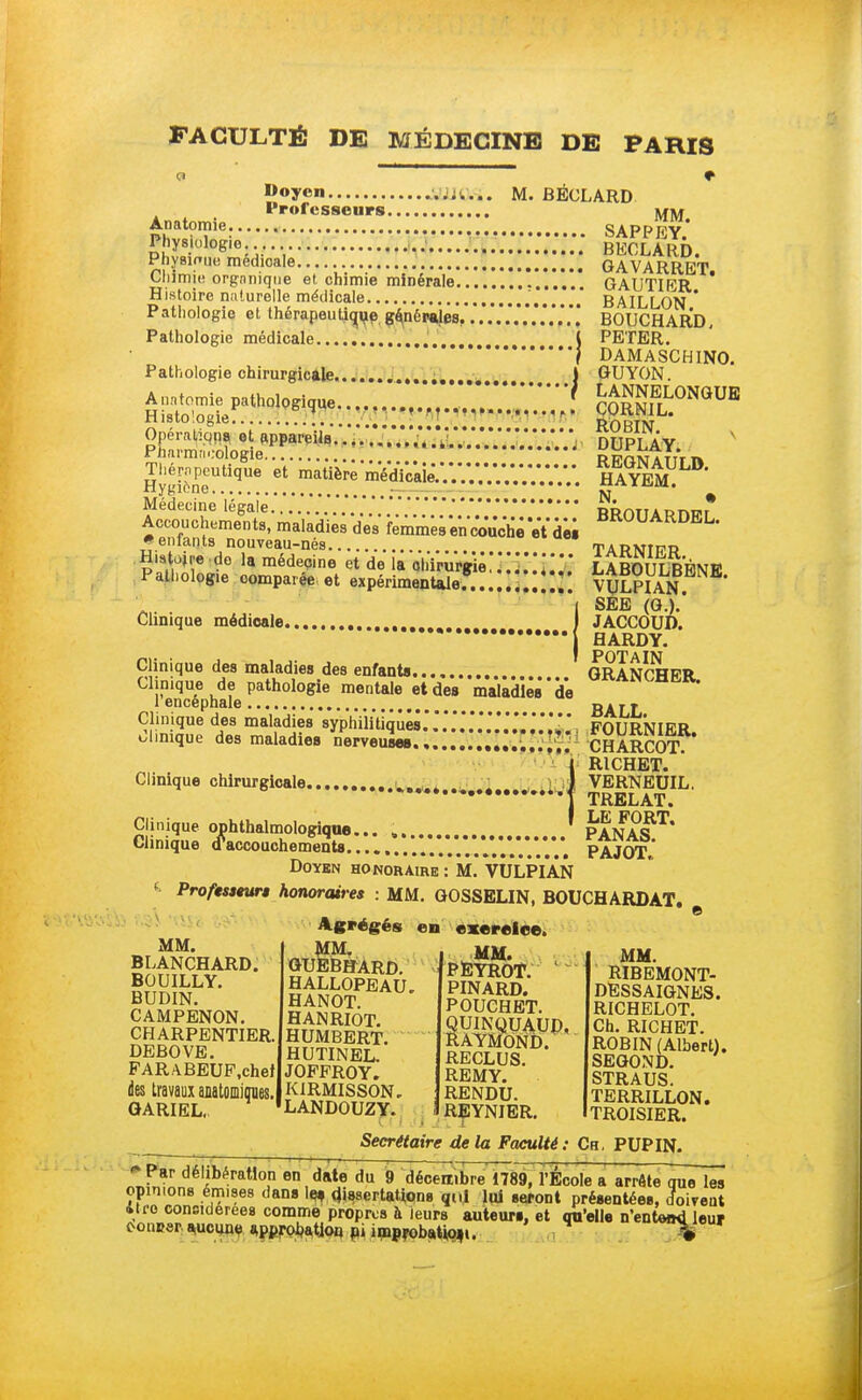 o * Doyen BUGS. M. BÉCLARD Professeurs Mm Ànatomie sapph'v physiologie ;;;;;;;; ISrd. Phyuaue médicale........ GAVARRET. Chimie organique et chimie minérale GAUTIFR Histoire naturelle médicale . , BAILLON * Pathologie et thérapeutique générales,....'.*..'..'.'.*..' BOUCHARD, Pathologie médicale j PETER. f DAMASCHINO. Pathologie chirurgicale i GUYON. àsas» sr™ n , ,.° ; •„■ ROBIN. Operatiqns et appareils. .. / , Pharmacologie. DUPLAY. Thérapeutique et matière médVckieï.V.V.V.V.HAYEMULD' Hygiène «ai cm. Médecine légale RRnTiARnwr Accouchements, maladies des femmesencouchê eïdw DnuuAKU1£L- • enfants nouveau-nés ae TARNIFR H.stoH'e de la médecine et de la chirurgie .Ïl J LABOULBENE Pathologie comparée et expérimentale...Ij-*,$!. VULPIAN I SEE (G.).' Clinique médicale I JACCOUD. j HARDY. Clinique des maladies des enfanta GRANCHFR Clinique de pathologie mentale et des maladies*de 1 encéphale BALL Clinique des maladies syphilitiques.'J..'.'..*'*'''*'* ForiRNlffR Clinique des maladies nerveuse» *'!'*'* CHÀRCOT. 1R1CHET. VERNEUIL. PANA^T* Clinique oVaccouchements .'.*.*.*.'.*.'.*. PAJOT.' Doyen honoraire : M. VULPIAN 6 Professeurs honoraires MM. BLANCHARD. BOUILLY. BUDIN. CAMPENON. CHARPENTIER. DEBOVE. FARABEUF.cheJ des travaux anatomiques. GARIEL., MM. GOSSELIN, BOUCHARDAT. Agrégés en exerelee. MM. MM. GUEBHARD. PEYROT PINARD. POUCHET. QUINQUAUP, RAYMOND. RECLUS. REMY. RENDU. REYNIER. HALLOPEAU. HANOT. HANRIOT. HUMBERT. HUTINEL. JOPFROY. KIRMISSON. LANDOUZY. MM. RIBEMONT- DESSAIGNES. RICHELOT. Ch. RICHET. ROBIN (Albert). SEGOND. STRAUS. TERRILLON. TROISIER. Secrétaire delà Faculté: Ch, PUPIN. nnfnl ritl0,n en,da!l! du 9 M™™*™ l'Ecole a arrête que les opinions émises dans le* dissertations qui lui seront présentées, doivent 4tro considérées comme propres à leurs auteurs, et qu'elle n'entend leur ooncsr aucune approbation ni improbaUoji. ™