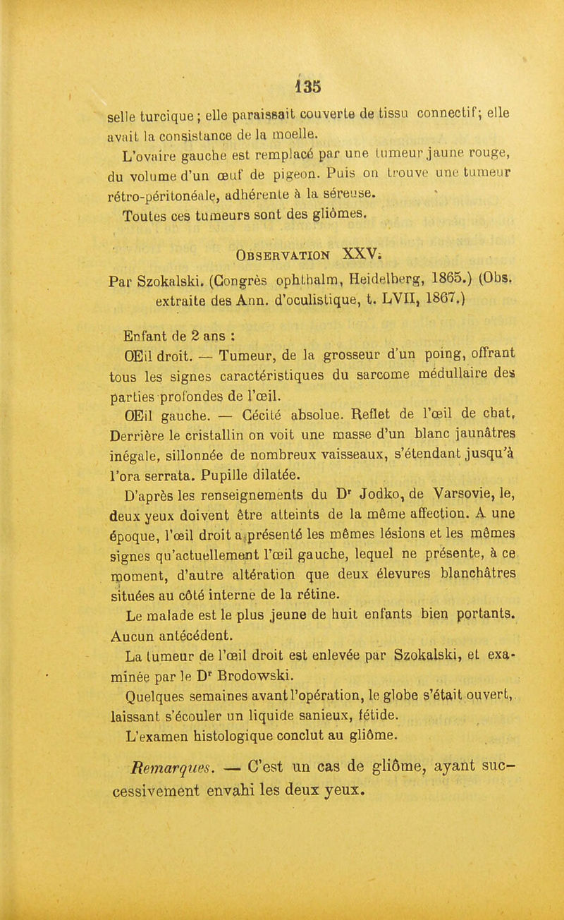 selle turcique ; elle paraissait couverte de tissa connectif ; elle avait la consistance de la moelle. L'ovaire gauche est remplacé par une tumeur jaune rouge, du volume d'un œuf de pigeon. Puis on trouve une tumeur rétro-péritonéale, adhérente à la séreuse. Toutes ces tumeurs sont des gliômes. Observation XXV; Par Szokalski. (Congrès ophthalm, Heidelherg, 1865.) (Obs. extraite des Ann. d'oculistique, t. LVII, 1867.) Enfant de 2 ans : OEil droit. — Tumeur, de la grosseur d'un poing, offrant tous les signes caractéristiques du sarcome médullaire des parties profondes de l'œil. OEil gauche. — Cécité absolue. Reflet de l'œil de chat, Derrière le cristallin on voit une masse d'un blanc jaunâtres inégale, sillonnée de nombreux vaisseaux, s'étendant jusqu'à l'ora serrata. Pupille dilatée. D'après les renseignements du Dr Jodko,de Varsovie, le, deux yeux doivent être atteints de la même affection. A une époque, l'œil droit a<présenté les mêmes lésions et les mêmes signes qu'actuellement l'œil gauche, lequel ne présente, à ce moment, d'autre altération que deux élevures blanchâtres situées au côté interne de la rétine. Le malade est le plus jeune de huit enfants bien portants. Aucun antécédent. La tumeur de l'œil droit est enlevée par Szokalski, et exa- minée par le Dr Brodowski. Quelques semaines avant l'opération, le globe s'était ouvert, laissant s'écouler un liquide sanieux, fétide. L'examen histologique conclut au gliôme. Remarques. — C'est un cas de gliôme, ayant suc- cessivement envahi les deux yeux.