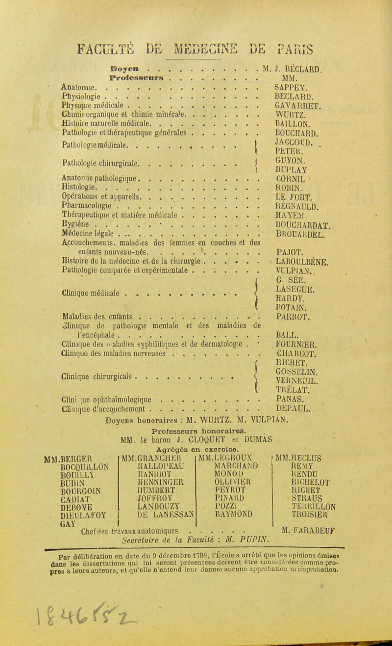 FAC lVlCjJJEiUllNLj DE PARIS Doyen M. J. BÉCLARD. Professeurs MM. SAPPEY. Physiologie BECLARD. Analomie. Physique médicale Chimie organique et chimie minérale. Histoire naturelle médicale. . . . Pathologie et thérapeutique générales Pathologieraédicale Pathologie chirurgicale. I GAVARRET. WURTZ. BAILLON. BOUCHARD. JACCOl'D. PETER. GUYON. BL'l'LAY Anatomie pathologique. . ■ C0RN1L Histologie ROBIN. Opérations et appareils LE FORT. Pharmacologie 1 REGNAULD. Thérapeutique et matière médicale HAYE.M Hygiène • BOUCHARDAT. Médecine légale BROUAKDEL. Accouchements, maladies des femmes en couches et des entants nouveau-nés î Histpii'e de la médecine et de la chirurgie Pathologie comparée et expérimentale Clinique médicale Maladies des enfants . Clinique de pathologie l'encéphale Clinique des m aladies syphilitiques et de dermatologie Clinique des maladies nerveuses PAJOT. LABOULBÈNE. VULPIAN. G. SÉE. LASEGUE. HARDY. POTAIN. PARROT. Clinique chirurgicale mentale et des maladies de ........ BALL. FOURNIES. CHARCOT. RICHET. GOSSFLIN< VERNEU1L. I TRÉLAT. Clini |ue ophthalmologique PANAS. Clinique d'accouchement DEPAUL. Doyens honoraires : M. WURTZ. M. VULPIAN. Professeurs honoraires. MM. le haron J. CLOQUET et DUMAS Agrégés en exercice. MM.BERGER BOCQU1LLON BOU1LLY BUD1N BOURGOIN CADIAT DEBOVE D1EULAFOY GAY Chef des travaux anatomiques Secrétaire de la MM.GRANCHEU HALLOPEAU HANIUOT HENNINGER HUMBERT JOFFROY LANDOUZY DE LANESSAN MM.LEGROUX MARCHAND MONOO OLLIVIER PEYROT PliSAUD POZZI RAYMOND i MM.RECLUS REM Y RENDU RICHELOT RICHET STRAUS TEKRILLON TR01S1ER M. FARABEUF Faculté : M. PU PIN. Par délibération en date du 9 décembre 1798, l'Ecole a arrêté que les opinions émises dans les dissertations qui lui seront présentées doivent être considérées comme pro- pres à leurs auteurs, et qu'elle n'entend leur donnei aucune approbation ni improLmtion.