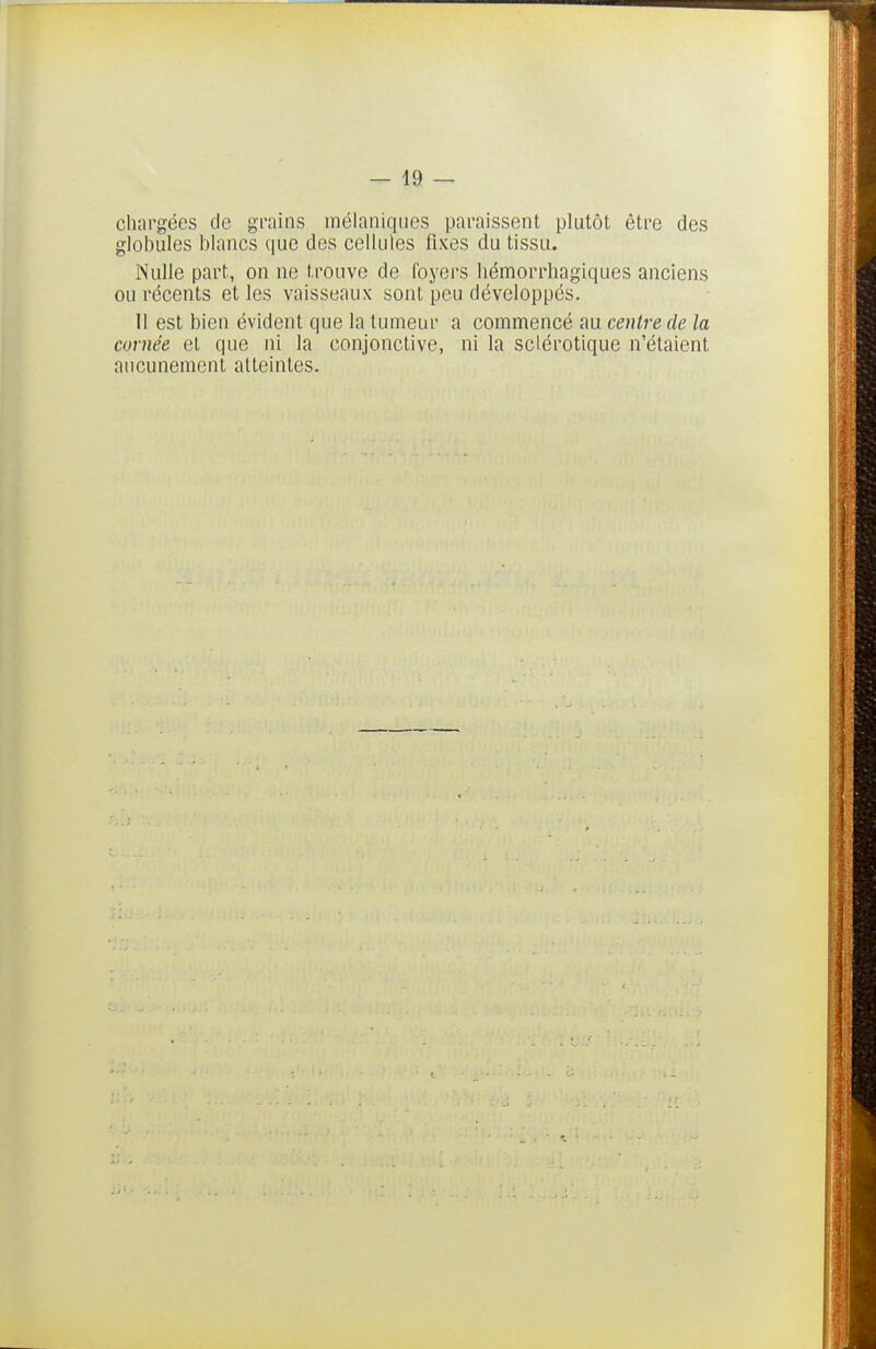 chargées de grains mélaniqiies paraissent plutôt être des globules blancs que des cellules fixes du tissu. Nulle part, on ne trouve de foyers hémorrhagiques anciens ou récents et les vaisseaux sont peu développés. 11 est bien évident que la tumeur a commencé au centre de la cornée et que ni la conjonctive, ni la sclérotique n'étaient aucunement atteintes.