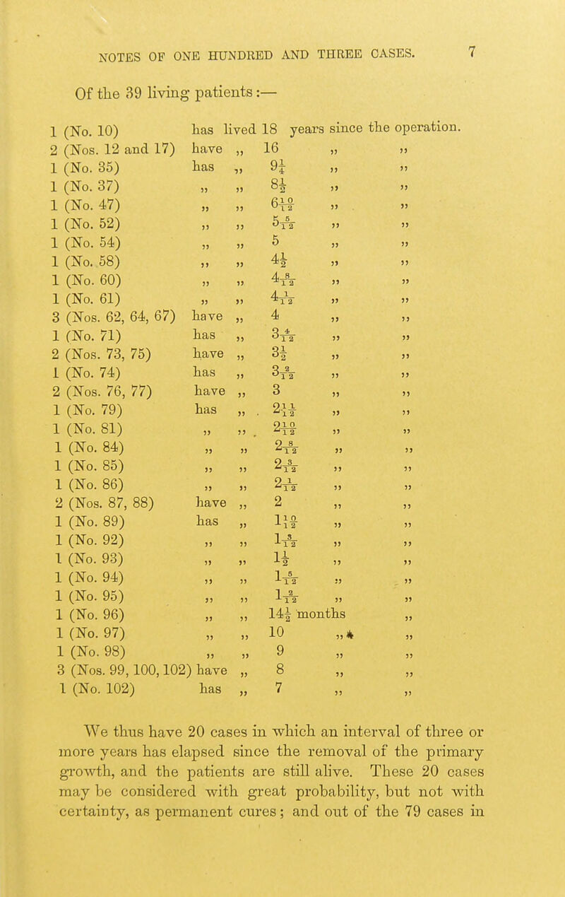 Of the 39 living patients:— 1 (No. 10) lias lived 18 years since the operation. €> (NTna 1 2 nnfl 1 7^^ tiave 5) 16 )) X (^i>o. oo) has ■J) 9i X ( rNU. ) J) 8i j> 55 X 0. T! 1 ^ » )> >> 55 X (^INO. oil) >» I> 5-^ f 1 2 ?> 55 X O. O'ii) )> » 6 jj 55 X (^xN 0. Oo) >> J> 44 j» 55 X ^^IN O. \j\J ) >> ^12 )i 55 X ^^ii o. ox J » >> 4^ ^12 >5 55 hs ve J) 4 J> 55 X (Ix O. 1 -l-J has 5> 12 55 55 Ti n VP )? 3^ 2 55 55 X (^IN O. I'iJ n ci a )) l 2 55 55 ^ ^^Ix OS. f D, « / ^ xidj V o >) 3 55 55 X ^^Xi O. ' *? ^ Xlcto >) 2-1 i 55 55 X ^ i-1 o. ox J )) )) , ^12 )S 55 X ^^XN O. J » 5) 2-a- '^l 2 55 55 X ^XH O. OO J J> 5> ^12 55 55 X ^^IN O. ODJ )5 >) 2^ 55 55 ^ ^^LNOS. O/, OO^ )) 2 55 55 X ^^XN O. Oi7^ n Q c J> 110. •^12 55 55 1 (No. 92) )) J) lA 55 55 1 (No. 93) ») >» li 55 55 1 (No. 94) »> )) 1-^ •^12 !5 55 1 (No. 95) >5 )» 1-^ 5) 55 1 (No. 96) >) >5 14^ months 55 1 (No. 97) )) )> 10 5,4 55 1 (No. 98) 5) 9 55 55 3 (Nos. 99,100,102) have J) 8 5) 55 1 (No. 102) has >> 7 55 55 We thus have 20 cases in which an interval of three or more years has elapsed since the removal of the primary gi-owth, and the patients are still alive. These 20 cases may be considered with great probability, but not with certainty, as permanent cures; and out of the 79 cases in