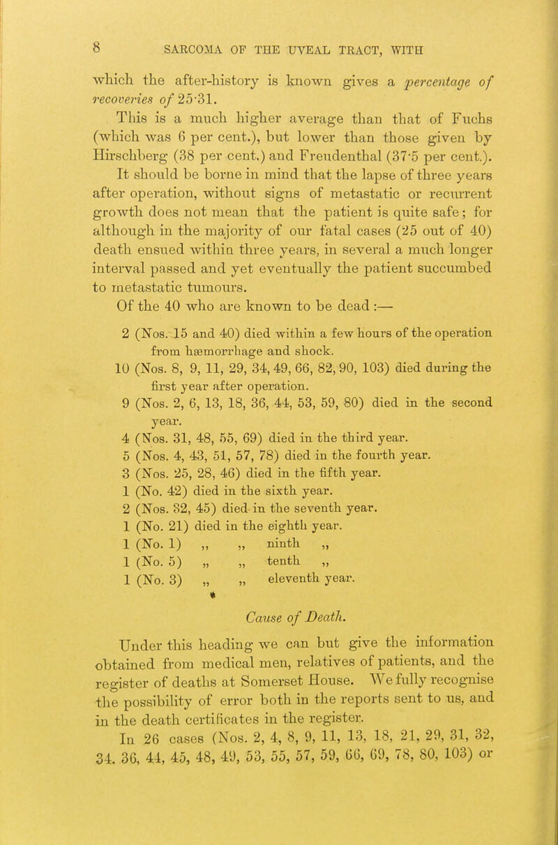 ■which the after-history is known gives a percentage of recoveries of 2531. This is a much higher average than that of Fuchs (which was 6 per cent.), but lower than those given by Hirschberg (38 per cent.) and Freudenthal (37'5 per cent.). It should be borne in mind that the lapse of three years after operation, without signs of metastatic or reciu'rent growth does not mean that the patient is quite safe; for although in the majority of our fatal cases (25 out of 40) death ensued within three years, in several a much longer interval passed and yet eventually the patient succumbed to metastatic tumours. Of the 40 who are known to be dead :— 2 (Nos. 15 and 40) died within a few hours of the operation from haemorrhage and shock. 10 (Nos. 8, 9, 11, 29, 34,49, 66, 82, 90, 103) died during the first year after operation. 9 (Nos. 2, 6, 13, 18, 36, 44, 53, 59, 80) died in the second year. 4 (Nos. 31, 48, 55, 69) died in the third year. 5 (Nos. 4, 43, 51, 57, 78) died in the fourth year. 3 (Nos. 25, 28, 46) died in the fifth year. 1 (No. 42) died in the sixth year. 2 (Nos. 82, 45) died in the seventh year. 1 (No. 21) died in the eighth year. 1 (No. 1) „ „ ninth „ 1 (No. 5) „ „ tenth „ 1 (No. 3) „ „ eleventh year. Cause of Death. Under this heading we can but give the information obtained from medical men, relatives of patients, and the register of deaths at Somerset House. We fully recognise the possibility of error both in the reports sent to us, and in the death certificates in the register. In 26 cases (Nos. 2, 4, 8, 9, 11, 13, 18, 21, 29, 31, 32, 34. 36, 44, 45, 48, 49, 53, 55, 57, 59, GO, 69, 78, 80, 103) or