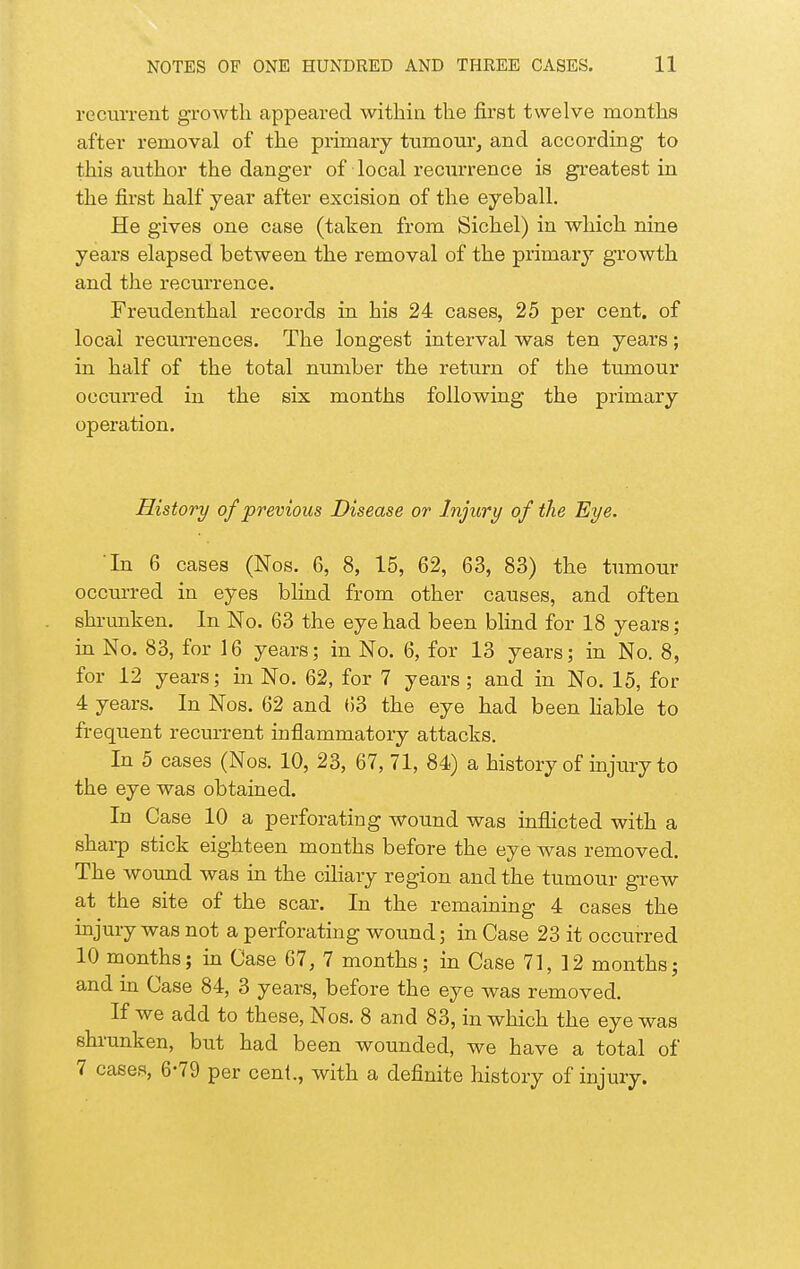 recurrent growth appeared within the first twelve months after removal of the primary tnmom'j and according to this author the danger of local recurrence is greatest in the first half year after excision of the eyeball. He gives one case (taken from Sichel) in which nine years elapsed between the removal of the primary growth and the recurrence. Freudenthal records in his 24 cases, 25 per cent, of local recurrences. The longest interval was ten years; in half of the total number the return of the tumour occun'ed in the six months following the primary operation. History of previous Disease or Injury of the Eye. In 6 cases (Nos. 6, 8, 15, 62, 63, 83) the tumour occurred in eyes blind from other causes, and often shrunken. In No. 63 the eye had been blind for 18 years; in No. 83, for 16 years; in No. 6, for 13 years; in No. 8, for 12 years; in No. 62, for 7 years ; and in No. 15, for 4 years. In Nos. 62 and (53 the eye had been hable to frequent recurrent inflammatory attacks. In 5 cases (Nos. 10, 23, 67, 71, 84) a history of injury to the eye was obtained. In Case 10 a perforating wound was inflicted with a sharp stick eighteen months before the eye was removed. The wound was in the ciliary region and the tumour grew at the site of the scar. In the remaining 4 cases the injury was not a perforating wound; in Case 23 it occurred 10 months; m Case 67, 7 months; in Case 71, 12 months; and in Case 84, 3 years, before the eye was removed. If we add to these, Nos. 8 and 83, in which the eye was shrunken, but had been wounded, we have a total of 7 cases, 6-79 per cent., with a definite history of injury.