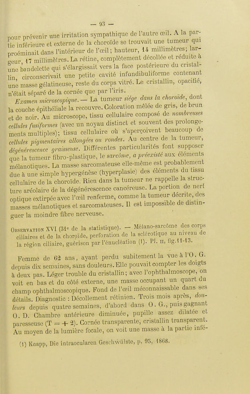 nour prévenir une irritation sympathique de l'autre œil. A la par- tic inférieure et externe de la choroïde se trouvait une tumeur qui proéminait dans l'intérieur de l'œil ; hauteur, 14 ^^1^^^^^^^' eeur 17 millimètres. La rétine, complètement décollée et réduite à une bandelette qui s'élargissait vers la face postérieure du cristal- lin circonscrivait une petite cavité infandibuliforme contenant une masse gélatineuse, reste du corps vitré. Le cristallin, opaciûe, n'était séparé de la cornée que par l'iris. -j , , Examen microscopique. - La tumeur siège dans la choroïde, dont la couche épithéliale la recouvre. Coloration mêlée de gris, de brun et de noir. Au microscope, tissu cellulaire composé de nombreuses cellules fusiformes (avec un noyau distinct et souvent des prolonge- ments multiples) ; tissu cellulaire où s'aperçoivent beaucoup de cellules pigmentaires allongées ou rondes. Au centre de la tumeur, dénénérescence graisseuse. Différentes particularités font supposer que la tumeur fibro-plastique, le sarcome, a préexisté aux éléments mélanotiquBS. La masse sarcomateuse elle-même est probablement due à une simple hypergénèse (hyperplasie) des éléments du issu cellulaire de la choroïde. Rien dans la tumeur ne rappelle la struc- ture aréolaire de la dégénérescence cancéreuse. La portion c e nert optique extirpée avec l'œil renferme, comme la tumeur décrite, des masses mélanotiques et sarcomateuses. Il est impossible de distin- guer la moindre fibre nerveuse. Observation XVI (31» de la statistique). - Mélano-sarcôme des corps ciiiaires et de la choroïde, perforation de la sclérotique au niveau de la région ciliaire, guérison par l'énucléation (l). Pl. n, lig.l l-'U. Femme de 62 ans, ayant perdu subitement la vueàl'O.G. depuis dix semaines, sans douleurs. Elle pouvait compter les doigts à deux pas. Léger trouble du cristallin; avec l'ophthalmoscope, on voit en bas et du côté externe, une masse occupant un quart du champ ophthalmoscopique. Fond de l'œil méconnaissable dans ses détails. Diagnostic : Décollement rétinien. Trois mois après, dou^ leurs depuis quatre semaines, d'abord dans 0. G., puis gagnan O.D. Chambre antérieure diminuée, pupille assez dilatée et paresseuse (T = + 2). Cornée transparente, cristallin transparent. Au moyen de la lumière focale, on voit une masse à la partie inle-