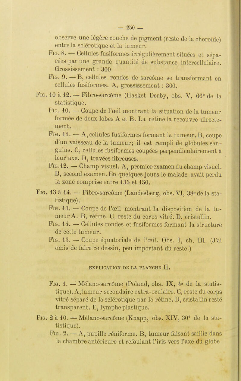 — 250 — observe une légère couche do pigment (reste de la choroïde) entre la sclérotique et la tumeur. FiG. 8. — Cellules fusiformes irrégulièrement situées et sépa- rées par une grande quantité de substance intercellulaire. Grossissement : 300 PiG. 9. — B, cellules rondes de sarcôme se transformant en cellules fusiformes. A, grossissement : 300. PiG. 10 à 12. — Pibro-sarcôme (Hasket Derby, obs. V, 66« de la statistique. PiG. 10. — Coupe de l'œil montrant la situation de la tumeur formée de deux lobes A et B. La ré line la recouvre directe- ment. PiG. 11. — A, cellules fusiformes formant la tumeur. B, coupe d'un vaisseau de la tumeur; il est rempli de globules san- guins. C, cellules fusiformes coupées perpendiculairement à leur axe. D, travées fibreuses. PiG.12. — Champ visuel. A, premier examen du champ visuel. B, second examen. En quelques Jours le malade avait perdu la zone comprise entre 135 et ISO. FiG, 13 à 14. — Pibro-sarcôme (Landesberg, obs.VI, 38edela sta- tistique). PiG. 13. — Coupe de l'œil montrant la disposition de la tu- meur A. B, rétine. G, reste du corps vitré. D, cristallin. PiG. 14. — Cellules rondes et fusiformes formant la structure de cette tumeur. FiG, 15. — Coupe équatoriale de l'œil. Obs. I, ch. IH. (J'ai omis de faire ce dessin, peu important du reste.) EXPLICATION DE LA PLANCHE II. PiG. 1. — Mélano-sarcôme (Poland, obs. IX, 4 de la statis- tique). A,tumeur secondaire extra-oculaire. C, reste du corps vitré séparé de la sclérotique par la rétine. D, cristallin resté transparent. E, lymphe plastique. FiG. 2 à 10. — Mélano-sarcôme (Knapp, obs. XIV, 30* de la sta- tistique). PiG. 2. — A, pupille réniforme. B, tumeur faisant saillie dans la chambre antérieure et refoulant l'iris vers l'axe du globe