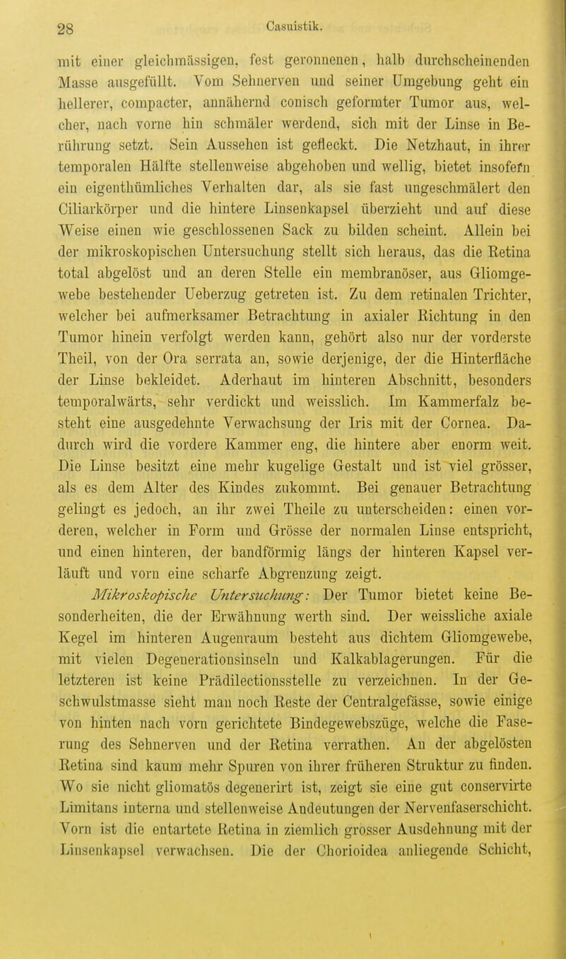 mit einer gleichmassigeu, fest geronnenen, lialb durchscheinenden Masse ausgefüllt. Vom Sehnerven und seiner Umgebung geht ein hellerer, compacter, annähernd conisch geformter Tumor aus, wel- cher, nach vorne hin schmäler werdend, sich mit der Linse in Be- rührung setzt. Sein Aussehen ist gefleckt. Die Netzhaut, in ihrer temporalen Hälfte stellenweise abgehoben und wellig, bietet insofern ein eigentliümliches Verhalten dar, als sie fast ungeschmälert den Ciliarkörper und die hintere Linsenkapsel überzieht und auf diese Weise einen wie geschlossenen Sack zu bilden scheint. Allein bei der mikroskopischen Untersuchung stellt sich heraus, das die Ketina total abgelöst und an deren Stelle ein membranöser, aus Gliomge- webe bestehender Ueberzug getreten ist. Zu dem retinalen Trichter, welcher bei aufmerksamer Betrachtung in axialer Richtung in den Tumor hinein verfolgt werden kann, gehört also nur der vorderste Theil, von der Ora serrata an, sowie derjenige, der die Hinterfläche der Linse bekleidet. Aderhaut im hinteren Abschnitt, besonders temporalwärts, sehr verdickt und weisslich. Im Kammerfalz be- steht eine ausgedehnte Verwachsung der Iris mit der Cornea. Da- durch wird die vordere Kammer eng, die hintere aber enorm weit. Die Linse besitzt eine mehr kugelige Gestalt und ist viel grösser, als es dem Alter des Kindes zukommt. Bei genauer Betrachtung gelingt es jedoch, an ihr zwei Theile zu unterscheiden: einen vor- deren, welcher in Form und Grösse der normalen Linse entspricht, und einen hinteren, der bandförmig längs der hinteren Kapsel ver- läuft und vorn eine scharfe Abgrenzung zeigt. Mikroskopische Untersuching: Der Tumor bietet keine Be- sonderheiten, die der Erwähnung werth sind. Der weissliche axiale Kegel im hinteren Augenraum besteht aus dichtem Gliomgewebe, mit vielen Degenerationsinseln und Kalkablagerungen. Für die letzteren ist keine Prädilectionsstelle zu verzeichnen. In der Ge- schwulstmasse sieht man noch Reste der Centralgefässe, sowie einige von hinten nach vorn gerichtete Bindegewebszüge, welche die Fase- rung des Sehnerven und der Retina verrathen. An der abgelösten Retina sind kaum mehr Spuren von ihrer früheren Struktur zu finden. Wo sie nicht gliomatös degenerirt ist, zeigt sie eine gut conservirte Limitans interna und stellenweise Andeutungen der Nervenfaserschicht. Vorn ist die entartete Retina in ziemlich grosser Ausdehnung mit der Linsenkapsel verwachsen. Die der Chorioidea anliegende Schicht,