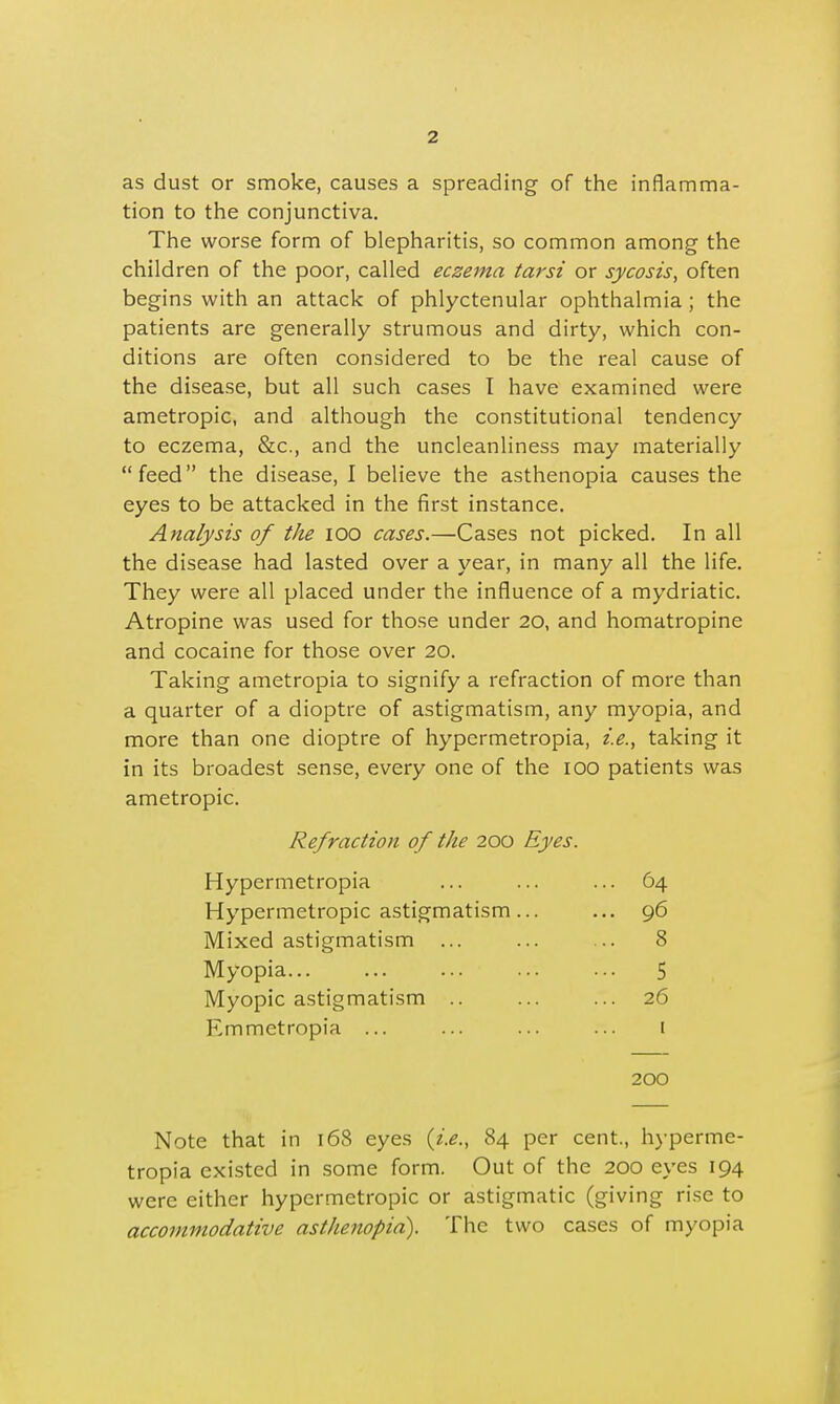 as dust or smoke, causes a spreading of the inflamma- tion to the conjunctiva. The worse form of blepharitis, so common among the children of the poor, called eczema tarsi or sycosis, often begins with an attack of phlyctenular ophthalmia ; the patients are generally strumous and dirty, which con- ditions are often considered to be the real cause of the disease, but all such cases I have examined were ametropic, and although the constitutional tendency to eczema, &c, and the uncleanliness may materially feed the disease, I believe the asthenopia causes the eyes to be attacked in the first instance. Analysis of the 100 cases.—Cases not picked. In all the disease had lasted over a year, in many all the life. They were all placed under the influence of a mydriatic. Atropine was used for those under 20, and homatropine and cocaine for those over 20. Taking ametropia to signify a refraction of more than a quarter of a dioptre of astigmatism, any myopia, and more than one dioptre of hypermetropia, i.e., taking it in its broadest sense, every one of the 100 patients was ametropic. Refraction of the 200 Eyes. Hypermetropia ... ... ... 64 Hypermetropic astigmatism... ... 96 Mixed astigmatism ... ... ... 8 Myopia 5 Myopic astigmatism .. ... ... 26 Emmetropia ... ... ... ... 1 200 Note that in 168 eyes {i.e., 84 per cent., hyperme- tropia existed in some form. Out of the 200 eyes 194 were either hypermetropic or astigmatic (giving rise to accommodative asthenopia). The two cases of myopia