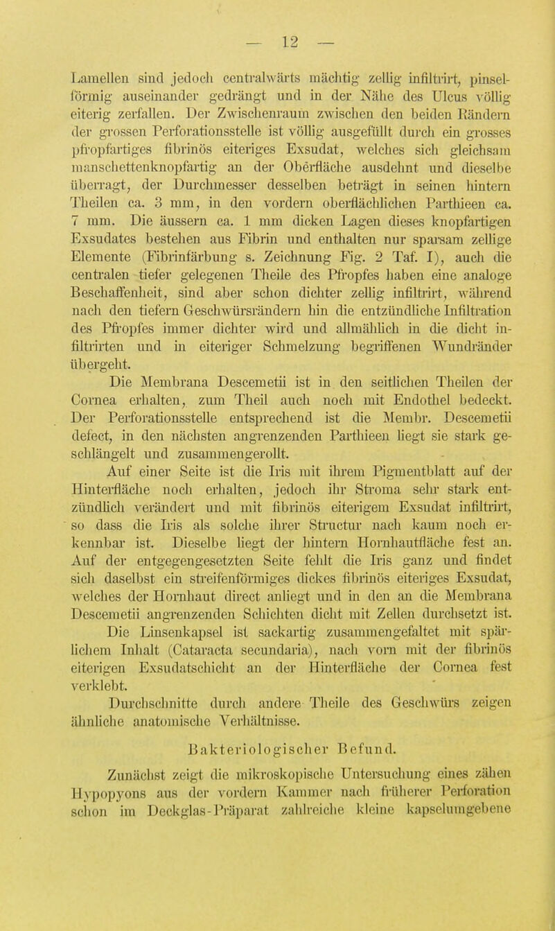 Laraellen sind jedoch centralwärts mächtig zcllig infiltrirt, pinsel- lörmig auseinander gedrängt und in der Nähe des Ulcus vöUig eiterig zerfallen, üer Zwischenraum zwischen den beiden l^ändern der grossen Peiforationsstelle ist völlig ausgefüllt dui'ch ein grosses pfi-opfartiges fibrinös eiteriges Exsudat, welches sicli gleichsam manschettenknopfartig an der Obei-fläche ausdehnt und dieselbe übeiragt, der Durchmesser desselben beträgt in seinen hintern Theilen ca. 3 mm, in den vordem obeiflächlichen Parthieen ca. 7 mm. Die äussern ca. 1 mm dicken Lagen dieses knopfartigen Exsudates bestehen aus Fibrin und enthalten nur spai-sam zellige Elemente (Fibrinfäi'bung s. Zeichnung Fig. 2 Tat I), auch die centi'alen tiefer gelegenen Theile des Pfropfes haben eine analoge Beschaffenheit, sind aber schon dichter zellig infiltrirt, wälirend nach den tiefern Geschwürsrändern hin die entzündliche Infiltration des Pfifopfes immer dichter wird und allmählich in die dicht in- filtrirten und in eiteriger Schmelzung begriffenen Wundränder übergeht. Die Membrana Descemetii ist in den seitlichen Theilen der Cornea erhalten, zum Theil auch noch mit Endothel bedeckt. Der Perforationsstelle entsprechend ist die Membr. Descemetii defect, in den nächsten angrenzenden Parthieen liegt sie stark ge- schlängelt und zusammengerollt. Auf einer Seite ist die Iris mit ihrem Pigmentblatt auf der Hiutei-fläche noch erhalten, jedoch ihr Sti'oma sein- stai'k ent- zündlich verändert und mit fibrinös eiterigem Exsudat infiltiirt, so dass die Iris als solche ihrer Sü'uctur nach kaum noch er- kennbar ist. Dieselbe liegt der hintern Hornhautfläche fest au. Auf der entgegengesetzten Seite fehlt die Iris ganz und findet sich daselbst ein sti-eifienformiges dickes fibrinös eiteriges Exsudat, welches der Hornhaut direct anliegt und in den an die Membrana Descemetii angrenzenden Schichten dicht mit Zellen durchsetzt ist. Die Liusenkapsel ist sackartig zusammengefaltet mit spär- lichem Inhalt (Cataracta secundaria), nach vorn mit der fibrinös eiterigen Exsudatschicht an der Hinterfläche der Cornea fest verklebt. Durchschnitte durch andere Theile des Geschwüi-s zeigen ähnliche anatomische Verhältnisse. Bakteriologischer Befund. Zunächst zeigt die mikroskopische Untersuchung eines zähen Ilypopyons aus der vordem Kammer nach früherer Perforation sciion im Deckglas-Präparat zahlreiche kleine kapselumgebene