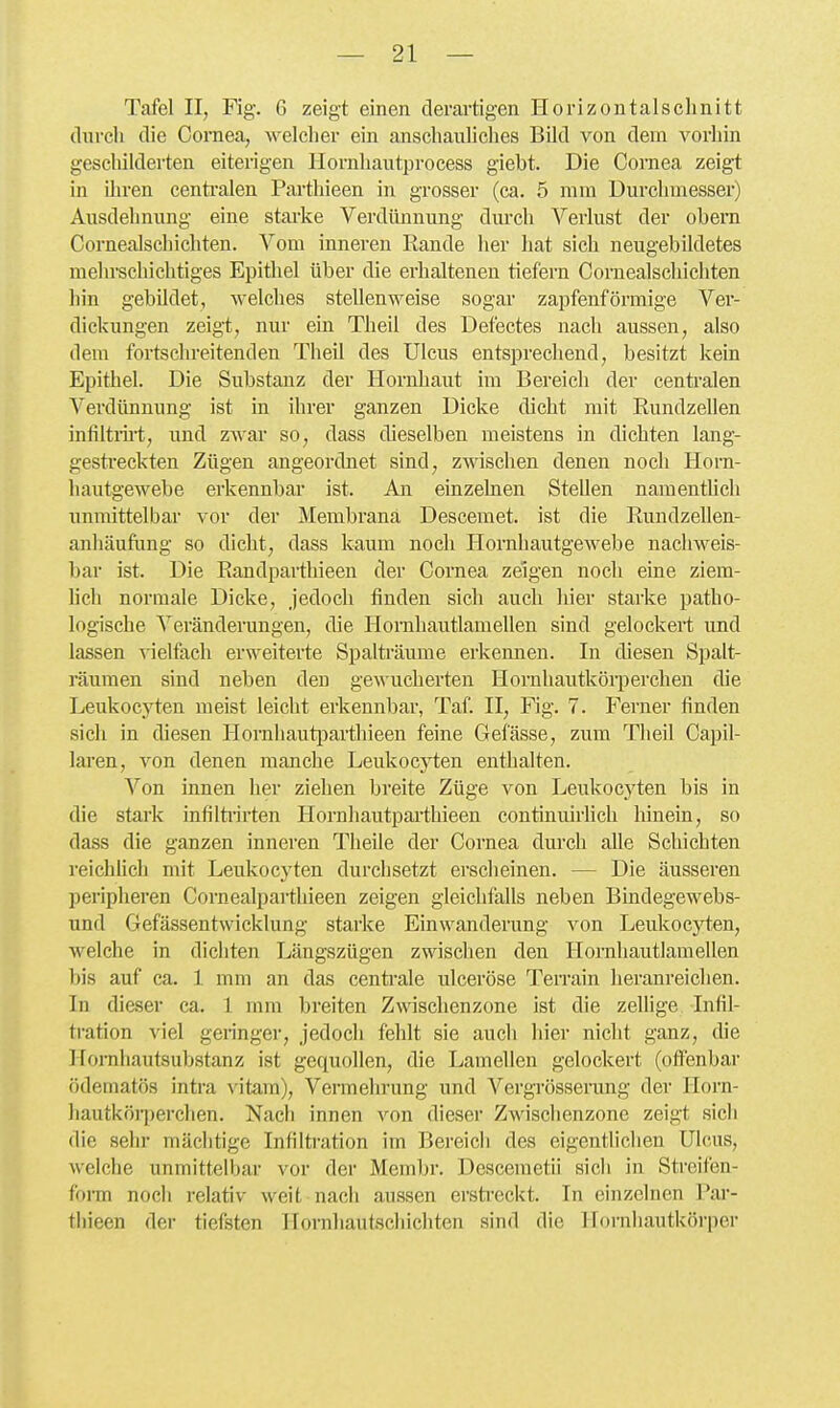 Tafel II, Fig. 6 zeigt einen derartigen Horizontalsclmitt clnrcli die Cornea, welcher ein anschauliches Bild von dem vorhin geschilderten eiterigen Hornhautprocess giebt. Die Cornea zeigt in ilu'en centi'alen Parthieen in grosser (ca. 5 mm Durchmesser) Ausdehnung eine starke Verdimnung dm'ch Verlust der obem Coi-nealschichten. Vom inneren Rande her hat sich neugebildetes mehrschichtiges Epithel über die erhaltenen tiefern Coruealschichten liin gebildet, welches stellenweise sogar zapfenförmige Vei*- dickungen zeigt, nur ein Theil des Defectes nach aussen, also dem fortschreitenden Theil des Ulcus entsprechend, besitzt kein Epithel. Die Substanz der Hornhaut im Bereich der centralen Verdünnung ist in ihrer ganzen Dicke dicht mit Rundzellen infiltiirt, und zwar so, dass dieselben meistens in dichten lang- gestreckten Zügen angeordnet sind, zwischen denen noch Horn- hautgewebe erkennbar ist. An einzelnen Stellen namentlich unmittelbar vor der Membrana Descemet, ist die Rundzellen- anhäufiing so dicht, dass Icaum noch Hornhautgewebe nachweis- bar ist. Die Randparthieen der Cornea zeigen noch eine ziem- lich normale Dicke, jedoch finden sich auch Ider starke patho- logische VerändeiTingen, die Homhautlamellen sind gelockert und lassen vielfach erweiterte Spalti-äume erkennen. In diesen Spalt- räumen sind neben den gewucherten Hornhautkörperchen die Leukocyten meist leicht erkennbar, Taf. II, Fig. 7. Ferner finden sicli in diesen Hornhautiiarthieen feine Gefässe, zum Theil Capil- laren, von denen manche Leukocyten enthalten. Von innen her ziehen breite Züge von Leukocyten bis in die stark infilünrten Hornliautparthieen continuirlich hinein, so dass die ganzen inneren Theile der Cornea durch alle Schichten reichlich mit Leukocyten durchsetzt erscheinen. — Die äusseren peripheren Cornealpai'tliieen zeigen gleichfalls neben Bindegewebs- und Gefässentwicklung starke Einwanderung von Leukocyten, welche in dichten Längszügen zwischen den Hornhautlamellen l)is auf ca. 1 mm an das centrale ulceröse Terrain heranreichen. In dieser ca. 1 mm breiten Zwischenzone ist die zelhge Infil- tration viel gen'nger, jedoch fehlt sie aucli hier nicht ganz, die Homhautsubstanz ist gequollen, die Lamellen gelockert (offenbar (kleniatös intra vitam), Vermehrung und Vergrösserung der Horn- hautköii)erchen. Nach innen von dieser Zwischenzone zeigt sich die sehr mächtige Infiltration im Bereicli des eigentlichen Ulcus, welche unmittelbar vor der Membr. Descemetii sich in Streifen- form noch relativ weit nach aussen ersti-eckt. In einzelnen Par- tliieen der tiefsten ITornhautschichten sind die Hornhautkörper