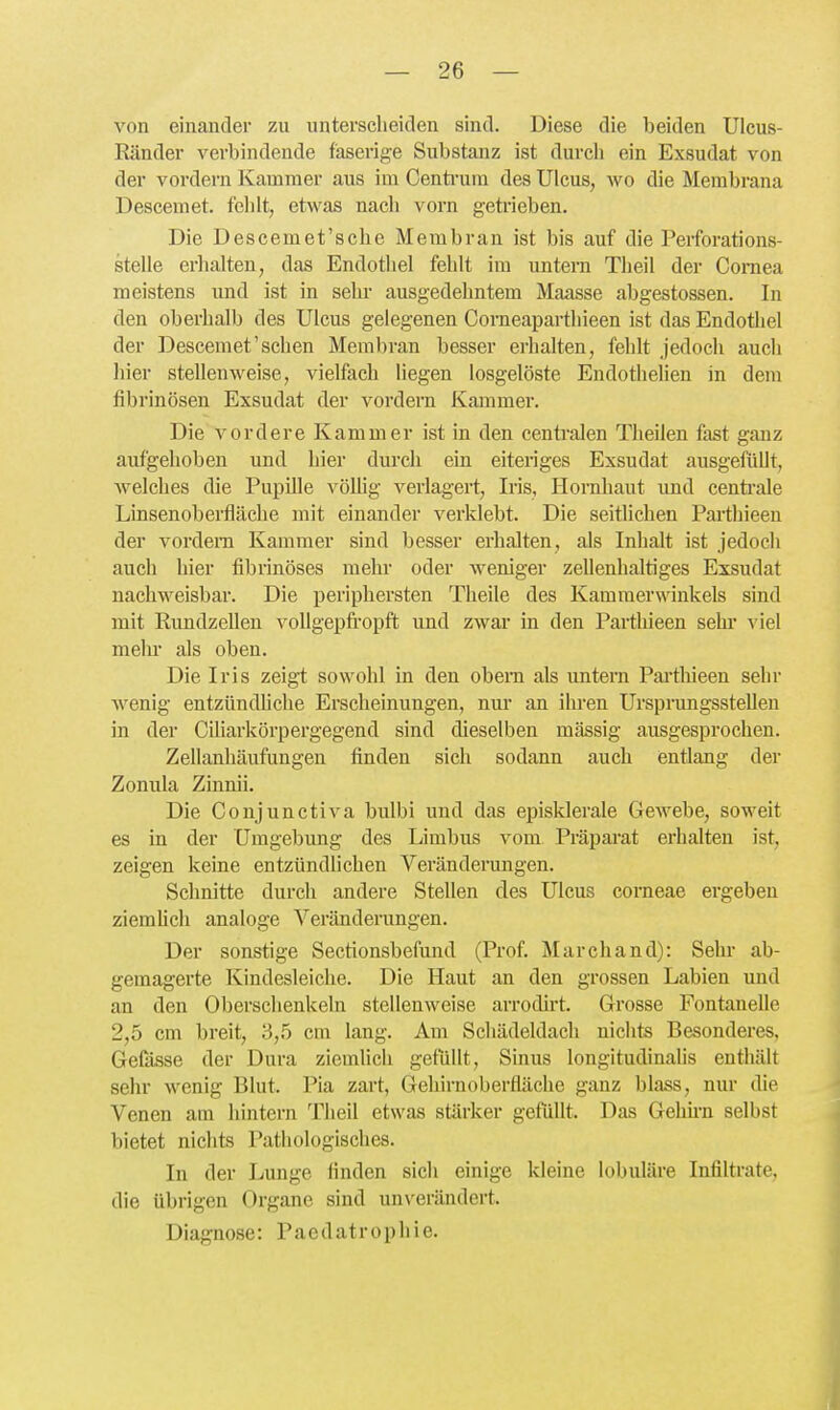 von einander zu unterscheiden sind. Diese die beiden Uleus- Ränder verbindende faserige Substanz ist durch ein Exsudat von der vordem Kammer aus im Centi'um des Ulcus, wo die Membrana Descemet, fehlt, etwas nach vorn getiieben. Die Descemet'sche Membran ist bis auf die Perforations- stelle eriialten, das Endothel fehlt im untern Theil dei- Cornea meistens und ist in sehr ausgedehntem Maasse abgestossen. In den oberhalb des Ulcus gelegenen Coi*neaparthieen ist das Endothel der Descemet'sehen Membran besser erhalten, fehlt jedoch auch liier stellenweise, vielfach hegen losgelöste Endothelien in dem fibrinösen Exsudat der vordem Kammer. Die vordere Kammer ist in den centi-alen Theilen fast ganz aufgehoben und hier durch ein eiteriges Exsudat ausgefüllt, welches die Pupille vöUig verlagert, Iris, Hornhaut und centi'ale Linsenoberfläche mit einander verklebt. Die seitlichen Parthieen der vordem Kammer sind besser erhalten, als Inhalt ist jedoch auch hier fibrinöses mehr oder weniger zellenhaltiges Exsudat nachweisbar. Die periphersten Theile des Kammerwinkels sind mit Rundzellen vollgepfropft und zwar in den Parthieen sehr viel melu' als oben. Die Iris zeigt sowohl in den obem als untern Pai-tliieen sehr wenig entzündliche Erscheinungen, nui* an ihren UrsprungssteUen in der Ciliarkörpergegend sind dieselben massig ausgesprochen. Zellanhäufungen finden sich sodann auch entlang der Zonula Zinnii. Die Conjunetiva bulbi und das episklerale Gewebe, soweit es in der Umgebung des Limbus vom Präparat erhalten ist, zeigen keine entzündlichen Veränderungen. Schnitte durch andere Stellen des Ulcus corneae ergeben ziemlich analoge Veränderungen. Der sonstige Sectionsbefund (Prof. Marchand): Sehr ab- gemagerte Kindesleiche. Die Haut an den grossen Labien und an den Oberschenkeln stellenweise arrodirt. Grosse Fontanelle 2,5 cm breit, 3,5 cm lang. Am Schädeldach nichts Besonderes, Gelasse der Dura ziemlich gefüllt, Sinus longitudinalis enthält sehr wenig Blut, Pia zart, Gehirnoberfläche ganz blass, nur die Venen am hintern Theil etwas stärker gefüllt. Das Gehii-n selbst bietet nichts Pathologisches. In der Lunge finden sich einige kleine lobuläre Infiltrate, die übrigen Organe sind un\'erändert. Diagnose: Paedatrophie.