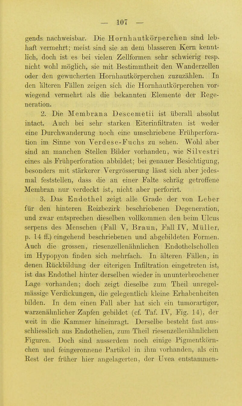 gends nachweisbar. Die Hornliautkörperchen sind leb- haft vermehrt; meist sind sie an dem blasseren Kern kennt- lich, doch ist es bei \ielen Zellformen sehr schwierig resp. nicht wohl mögUch, sie mit Bestimmtheit den Wanderzellen oder den gewncherten Hornhautkörperchen zuzuzählen. In den alteren Fällen zeigen sich die Hornhautkörperchen vor- wiegend vermehrt als die bekannten Elemente der Rege- neration. 2. Die Membrana Descemetii ist überall absolut intact. Auch bei sehr starken Eiterinfiltraten ist weder eine Durchwanderung noch eine umschriebene Frühperfora- tion im Sinne von Verdese-Fuchs zu sehen. Wohl aber sind an manchen Stellen Bilder vorhanden, wie Silvestri eines als Frühperforation abbildet; bei genauer Besichtigung, besonders mit stäi'kerer Vergrösserung lässt sich aber jedes- mal feststellen, dass die an einer Falte schräg getroffene Membran luu- verdeckt ist, nicht aber perforirt. 3. Das Endothel zeigt alle Grade der von Leber für den hinteren Reizbezirk beschriebenen Degeneration, und zwar- entsprechen dieselben vollkommen den beim Ulcus serpens des Menschen (Fall V, Braun, Fall IV, Müller, p. 14 ff.) eingehend beschriebenen und abgebildeten Formen. Auch die grossen, riesenzellenähnHchen Endothelschollen im Hypopyon finden sich mehrfach. In älteren Fällen, in denen Rückbildung der eiterigen Infiltration eingetreten ist, ist das Endothel hinter derselben Avieder in ununterbrochener Lage vorhanden; doch zeigt dieselbe zum Theil unregel- raässige Verdickungen, die gelegenthch kleine Erhabenheiten bilden. In dem einen Fall aber hat sich ein tumorartiger, warzenähnlicher Zapfen gebildet (cf. Taf. IV, Fig. 14), der weit in die Kammer hineinragt. Derselbe besteht fast aus- schliesslich aus Endothelien, zum Theil riesenzellenähnHchen Figuren. Doch sind ausserdem noch einige Pigmentkörn- chen und feingeronnene Partikel in ihm vorhanden, als ein Rost der früher hier angelagerten, der Uvea entstammen-