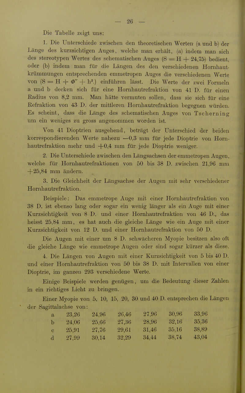 Die Tabelle zeigt uns: 1. Die Unterschiede zwischen den theoretischen Werten (a und b) der Länge des kurzsichtigen Auges, welche man erhält, (a) indem man sich des stereotypen Wertes des schematischen Auges (S = H + 24,75) bedient, oder (b) indem man für die Längen des den verschiedenen Hornhaut- krümmungeu entsprechenden emmetropen Auges die verschiedenen Werte von (S = H + <P + h2.) einführen lässt. Die Werte der zwei Formeln a und b decken sich für eine Hornhautrefraktion von 41 D. für einen ßadius von 8,2 mm. Man hätte vermuten sollen, dass sie sich für eine Refraktion von 43 D. der mittleren Hornhautrefraktion begegnen würden. Es scheint, dass die Länge des Schema tischen Auges von Tscherning um ein weniges zu gross angenommen worden ist. Von 41 Dioptrien ausgehend, beträgt der Unterschied der beiden korrespondierenden Werte nahezu —0,3 mm für jede Dioptrie von Horn- hautrefraktion mehr und -f-0,4 mm für jede Dioptrie weniger. 2. Die Unterschiede zwischen den Längsachsen der emmetropen Augen, welche für Hornhautrefraktionen von 50 bis 38 D. zwischen 21,96 mm -|-25,84 mm ändern. 3. Die Gleichheit der Längsachse der Augen mit sehr verschiedener Hornh au tr efr a kti o n. Beispiele: Das emmetrope Auge mit einer Hornhautrefraktion von 38 D. ist ebenso lang oder sogar ein wenig länger als ein Auge mit einer Kurzsichtigkeit von 8 D. und einer Hornhautrefraktion von 46 D., das heisst 25,84 mm, es hat auch die gleiche Länge wie ein Auge mit einer Kurzsichtigkeit von 12 D. und einer Hornhautrefraktion von 50 D. Die Augen mit einer um 8 D. schwächeren Myopie besitzen also oft die gleiche Länge wie emmetrope Augen oder sind sogar kürzer als diese. 4. Die Längen von Augen mit einer Kurzsichtigkeit von 5 bis 40 D. und einer Hornhautrefraktion von 50 bis 38 D. mit Intervallen von einer Dioptrie, im ganzen 293 verschiedene Werte. Einige Beispiele werden genügen, um die Bedeutung dieser Zahlen in ein richtiges Licht zu bringen. Einer Myopie von 5, 10, 15, 20, 30 und 40 D. entsprechen die Längen der Sagittalachse von: a 23,26 24,96 26,46 27,96 30,96 33,96 b 24,06 25,66 27,36 28,96 32,16 35,36 c 25,91 27,76 29,61 31,46 35,16 38,89 d 27,99 30,14 32,29 34,44 38,74 43,04