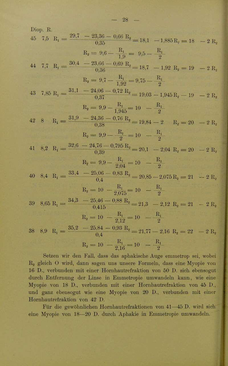Diop. R. 45 7,5 Ri 41 8,2 Ri = 40 8,4 Rj = 39 8,65 Ri 29,7 23,36 ■ - 0,66 Ra = 18 1 -l ,00<J X\.j — lo 0,35 JEvo a — 9,6 1,9^- = 9,5 — Ri 2 30,4 23,66 - - 0,69 Ra = 18 7 IQ 0,36 R, Ri 1,92 = 9,75 — Ri 2 31,1 24,06 - - 0,72 Ra 19 03 1 q 0,37 = 9,9 Ri 1,945 = 10 — Ri 2 31,9 24,36 - - 0,76 Rg = 19 84 2 R 0,38 = 9,9 R, 2 = 10 — Ri 2 32,6 24,76 - - 0,795 R2 = 20,1 — 2 04 R — 20 0,39 = 9,9 Ri 2,04 = 10 — Ri 2 33,4 25,06 - - 0,83 Ro = 20,85 — 2 075 R„ — 21 0,4 R, = 10 Ri 2,075 = 10 — R: 2 34,3 — 25,46 - - 0,88 R2 = 21,3 — 2,12 R, = 21 0,415 Ro = 10 R, 2,12 = 10 — Ri 2 35,2 25,84 - - 0,93 Ra = 21,77 - 2,16 Ra = 22 0,4 R3 = 10 Ri 2,16 :10 - Ri 2 38 8,9 R, = ^ ; ; ~ ' — = 21,77 - 2,16 R. = 22 - 2 R Setzen wir den Fall, dass das aphakische Auge emmetrop sei, wobei Ra gleich 0 wird, dann sagen uns unsere Formeln, dass eine Myopie von 16 D., verbunden mit einer Hornhautrefraktion von 50 D. sich ebensogut durch Entfernung der Linse in Emmetropie umwandeln kann, wie eine Myopie von 18 D., verbunden mit einer Hornbautrefraktion von 45 D., und ganz ebensogut wie eine Myopie von 20 D., verbunden mit einer Hornhautrefraktion von 42 D. Für die gewöhnlichen Hornhautrefraktionen von 41—45 D. wird sieh eine Myopie von 18—20 D. durch Aphakie in Emmetropie umwandeln.
