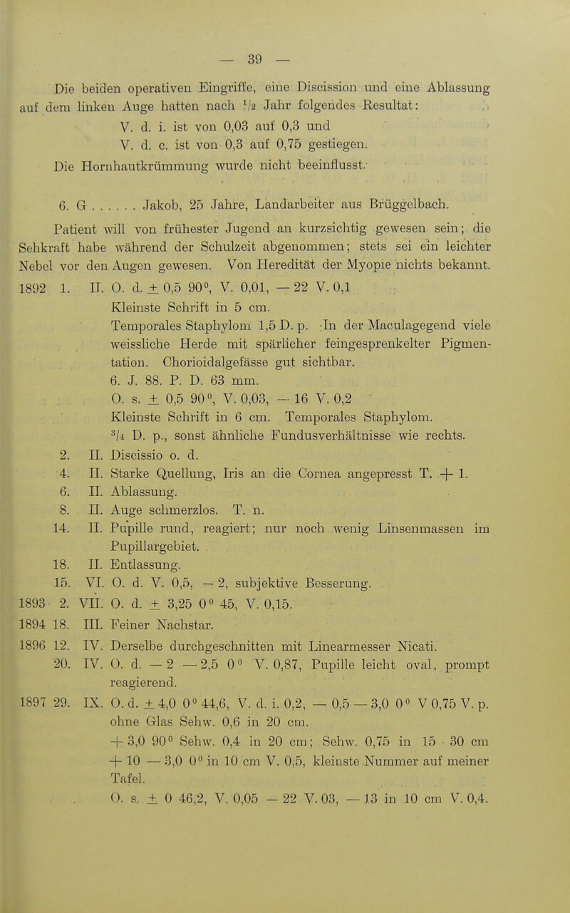 Die beiden operativen Eingriffe, eine Discission und eine Ablassung auf dem linken Auge hatten nach Jahr folgendes Resultat: V. d. i. ist von 0,03 auf 0,3 und V. d. c. ist von 0,3 auf 0,75 gestiegen. Die Hornhautkrümmung wurde nicht beeinflusst.' 6. G Jakob, 25 Jahre, Landarbeiter aus Brüggeibach. Patient will von frühester Jugend an kurzsichtig gewesen sein; die Sehkraft habe während der Schulzeit abgenommen; stets sei ein leichter Nebel vor den Augen gewesen. Von Pleredität der Myopie nichts bekannt. 1892 1. II. 0. d. ± 0,5 90, V. 0,01, —22 V. 0,1 Kleinste Schrift in 5 cm. Temporales Staphylom 1,5 D. p. In der Maculagegend viele weisshche Herde mit spärlicher feingesprenkelter Pigmen- tation. Chorioidalgefässe gut sichtbar. 6. J. 88. P. D. 63 mm. 0. s. ± 0,5 90«, V. 0,03, - 16 V. 0,2 Kleinste Schrift in 6 cm- Temporales Staphylom. ü. p., sonst ähnliche Fundusverhältnisse wie rechts. 2. II. Discissio o. d. 4. II. Starke Quellung, Iris an die Cornea angepresst T. .-f~ 1- 6. II. Ablassung. 8. II. Auge schmerzlos. T. n. 14. II. Pupille rund, reagiert; nur noch wenig Linsenmassen im Pupillargebiet. 18. II. Entlassung. 15. VI. 0. d. V. 0,5, — 2, subjektive Besserung. 1893 2. VIL 0. d. ± 3,25 0« 45, V. 0,15. 1894 18. III. Feiner Nachstar. 1896 12. IV. Derselbe durchgeschnitten mit Linearmesser Nicati. 20. IV. 0. d. —2 —2,5 0 V. 0,87, Pupille leicht oval, prompt reagierend. 1897 29. IX. 0. d. ± 4,0 0» 44,6, V. d. i. 0,2, — 0,5 — 3,0 0» V 0,75 V. p. ohne Glas Sehw. 0,6 in 20 cm. -i-3,0 90« Sehw. 0,4 in 20 cm; Sehw. 0,75 in 15 - 30 cm + 10 — 3,0 0° in 10 cm V. 0,5, kleinste Nummer auf meiner Tafel. 0. s. ± 0 46,2, V. 0,05 - 22 V. 03, — 13 in 10 cm V. 0,4.