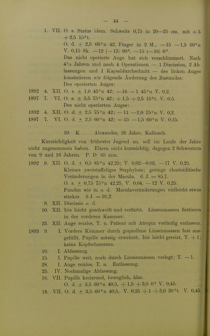 1. VII. 0. s. Status idem. Sehweite 0,75 in 20—25 cm, mit +5 + 2,5 15 n. 0. d. ± 2,5 Ü0n 42, Finger in 2 M., —15 —1,5 60»n V. 0,15 Sk. —12 (-13). 90°, —15 (—16) 0. Das nicht operierte Auge hat sich verschHmmert. Nach 4'/2 Jahren und nach 4 Operationen — 1 Discissiou, 2 Ab- lassuugen und 1 Kapseldurchschnitt — des linken Auges konstatieren wir folgende Änderung des Zustandes: Des operierten Auges: 1892 4. XII. 0. s. + 1,0 450n 42; -16-1 45°n V. 0,2, 1897 7. VI. O. s. ± 3,5 750n 42; +1,5 +2,5 15n. V. 0,5. Des nicht operierten Auges: 1892 4. XII. 0. d. ± 2,5 750n 42; -11 —2,0 75°n V. 0,2. 1897 7. VI. 0. d. ± 2,5 60 »n 42; — 15 —1,5 60«n V. 0,15. 10. K . . . . Alexander, 26 Jahre, Kallnach. Kurzsichtigkeit von frühester Jugend an, soll im Laufe der Jahre nicht zugenommen haben. Eltern nicht kurzsichtig, dagegen 2 Schwestern von 9 und 16 Jahren. P. D. 65 mm. 1892 9. XII. 0. d. ± 0,5 85 42,25; V. 0,02—0,03, —17 V. 0,25. Kleines zweistaffeliges Staphylom; geringe chorioiditische Veränderungen in der Macula. 6. J. = 85,7. 0. s. ± 0,75 75 »n 42,25, V. 0,04, —12 V. 0,25. Fundus wie in o. d. Maculaveränderungen vielleicht etwas stärker. 6 J. = 91,2. 9. XII. Discissio o. d. 10. XII. Iris leicht geschwellt und verfärbt. Linsenmassen flottieren in der vorderen Kammer. 23. xn. Auge reizlos, T. n. Patient mit Atropin vorläufig entlassen. 1893 9. I. Vordere Kammer durch gequollene Linsenmassen fast aus- gefüllt, Pupille mässig erweitert, Iris leicht gereizt, T. +1; keine Kopfschmerzen. 10. I. Ablassung. 15. I. Pupille weit, noch durch Linsenmassen verlegt; T. —1. 28. I. Auge reizlos, T. n. Entlassung. 25. IV. Nochmalige Ablassung. 16. VII. Pupille kreisrund, beweglich, klar. 0. d. ± 3,5 60«n 40,5, +1,5 +3,0 0 V. 0,45. 18. VII. 0. d. ± 3,5 60«n 40,5, V. 0,25 +1 +3,0 30«t. V. 0,45.