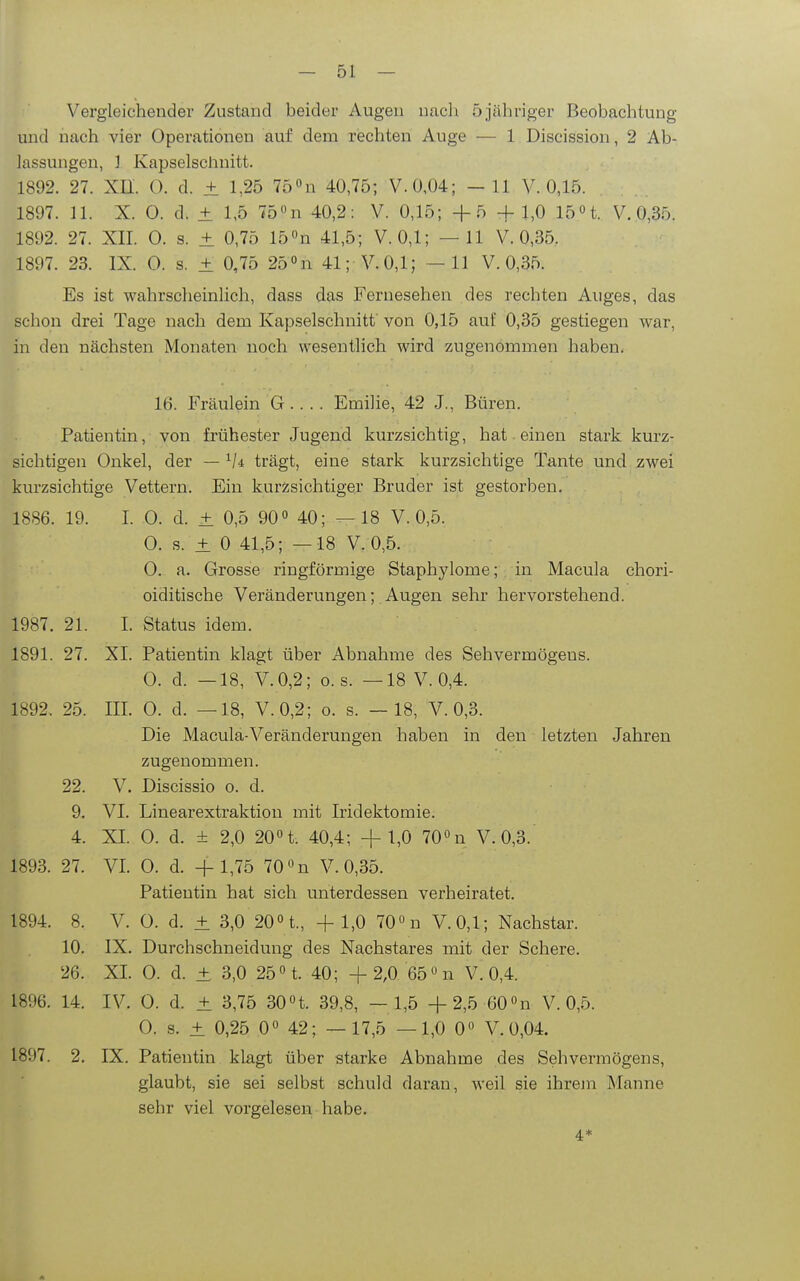 Vergleichender Zustand beider Augen nach 5 jähriger Beobachtung und nach vier Operationen auf dem rechten Auge — 1 Discission, 2 Ab- lassungen, ] Kapselschnitt. 1892. 27. Xn. O. d. + 1,25 75n 40,75; V.0,04; - 11 V. 0,15. 1897. n. X. O. d. ± 1,5 75n 40,2: V. 0,15; +5 +1,0 15n. V. 0,35. 1892. 27. XII. 0. s. ± 0,75 15n 41,5; V. 0,1; —11 V. 0,35. 1897. 23. IX. 0. s. ± 0,75 250n 41; V.0,1; —11 V. 0,35. Es ist wahrscheinhch, dass das Fernesehen des rechten Auges, das schon drei Tage nach dem Kapselschnitf von 0,15 auf 0,35 gestiegen war, in den nächsten Monaten noch wesenthch wird zugenommen haben. 16. Fräulein G. . . . Emilie, 42 J., Büren. Patientin, von frühester Jugend kurzsichtig, hat einen stark kurz- sichtigen Onkel, der — trägt, eine stark kurzsichtige Tante und zwei kurzsichtige Vettern. Ein kurzsichtiger Bruder ist gestorben, 1886. 19. 1. 0. d. ± 0,5 90» 40; —18 V. 0,5. 0. s. ± 0 41,5; —18 V. 0,5. 0. a. Grosse ringförmige Staphylome; in Macula chori- oiditische Veränderungen; Augen sehr hervorstehend. 1987. 21. I. Status idem. 1891. 27. XI. Patientin klagt über Abnahme des Sehvermögens. 0. d. —18, V.0,2; o. s. —18 V. 0,4. 1892. 25. III. 0. d. —18, V.0,2; o. s. —18, V. 0,3. Die Macula-Veränderungen haben in den letzten Jahren zugenommen. 22. V. Discissio o. d. 9. VI. Linearextraktion mit Iridektomie. 4. XI. 0. d. + 2,0 20n. 40,4; + 1,0 700n V. 0,3. 1893. 27. VI. 0. d. + 1,75 70 ^^n V. 0,35. Patientin hat sich unterdessen verheiratet. 1894. 8. V. 0. d. ± 3,0 20n., + 1,0 700n V.0,1; Nachstar. 10. IX. Durchschneidung des Nachstares mit der Schere. 26. XL 0. d. + 3,0 25n. 40; + 2,0 65n V.0,4. 1896. 14. IV. 0. d. ± 3,75 30n. 39,8, —1,5 +2,5 ÖO^n V. 0,5. 0. s. ± 0,25 0« 42; —17,5 —1,0 0° V.0,04. 1897. 2. IX. Patientin klagt über starke Abnahme des Sehvermögens, glaubt, sie sei selbst schuld daran, weil sie ihrejn Manne sehr viel vorgelesen habe.