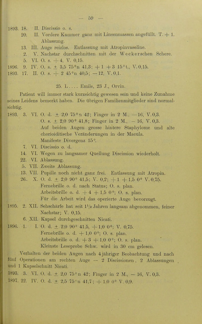 1893. 18. II. Discissio o. s. 20. II. Vordere Kammer ganz mit Linsenmassen angefüllt. T. + 1. Ablassung. 13. III. Auge reizlos. Entlassung mit Atropinvaseline. 2. V. Nachstar durchschnitten mit der W e ckersehen Schere. 5. VI. 0. s. +4, V. 0,15. 1896. 9. IV. 0. s. ± 3,5 750n 41,3; +1 +3 löH., V.0,15. 1893. 17. II. 0. s. -|- 2 45»n 40,5; —12, V.0,1. 25. L. ... Emile, 23 J., Orvin. Patient will immer stark kurzsichtig gewesen sein und keine Zunahme seines Leidens bemerkt haben. Die übrigen Familienmitglieder sind normal- sichtig. 1893. 3. VL 0. d. ± 2,0 75 0n 42; Finger in 2 M., —16, V.0,3. 0. s. ± 2,0 90» 41,8; Finger in 2 M., - 16, V.0,3. Auf beiden Augen grosse hintere Staphylome und alte chorioiditische Veränderungen in der Macula. Manifeste Divergenz 15. 7. VI. Discissio o. d. 14. VI. Wegen zu langsamer Quellung Discissiou wiederholt. 22. VI. Ablassung. 5. VII. Zweite Ablassung. 13. VII. Pupille noch nicht ganz frei. Entlassung mit Atropin. 26.. X. 0. d. ± 2,0 90 41,5; V. 0,2; +1 +1,5 0» V. 0,75. Fernebrille o. d. nach Status; 0. s. plan. Arbeitsbrille o. d. + 4 -f-1,5 0°; 0. s. plan. Für die Arbeit wird das operierte Auge bevorzugt. 1895. 2. XII. Sehschärfe hat seit VI2 Jahren langsam abgenommen, feiner Nachstar; V. 0,15. 6. XII. Kapsel durchgeschnitten Nicati. 1896. 1. L 0. d. ± 2,0 90» 41,5, +1,0 0°; V. 0,75. Fernebrille o. d. + 1,0 0; 0. s. plan. Arbeitsbrille 0. d. + 3 + 1,0 0; 0. s. plan. Kleinste Leseprobe Schw. wird in 30 cm gelesen. Verhalten der beiden Augen nach 4 jähriger Beobachtung und nach fünf Operationen am rechten Auge -- 2 Discissionen, 2 Ablassungen und 1 Kapselschnitt Nicati. 1893. 3. VI. (). d. + 2,0 75»n 42; Finger in 2 M., — 16, V.0,3. .1897. 22. IV. 0. d. ± 2,5 75n 41,7; + LO 0 V. 0,9.