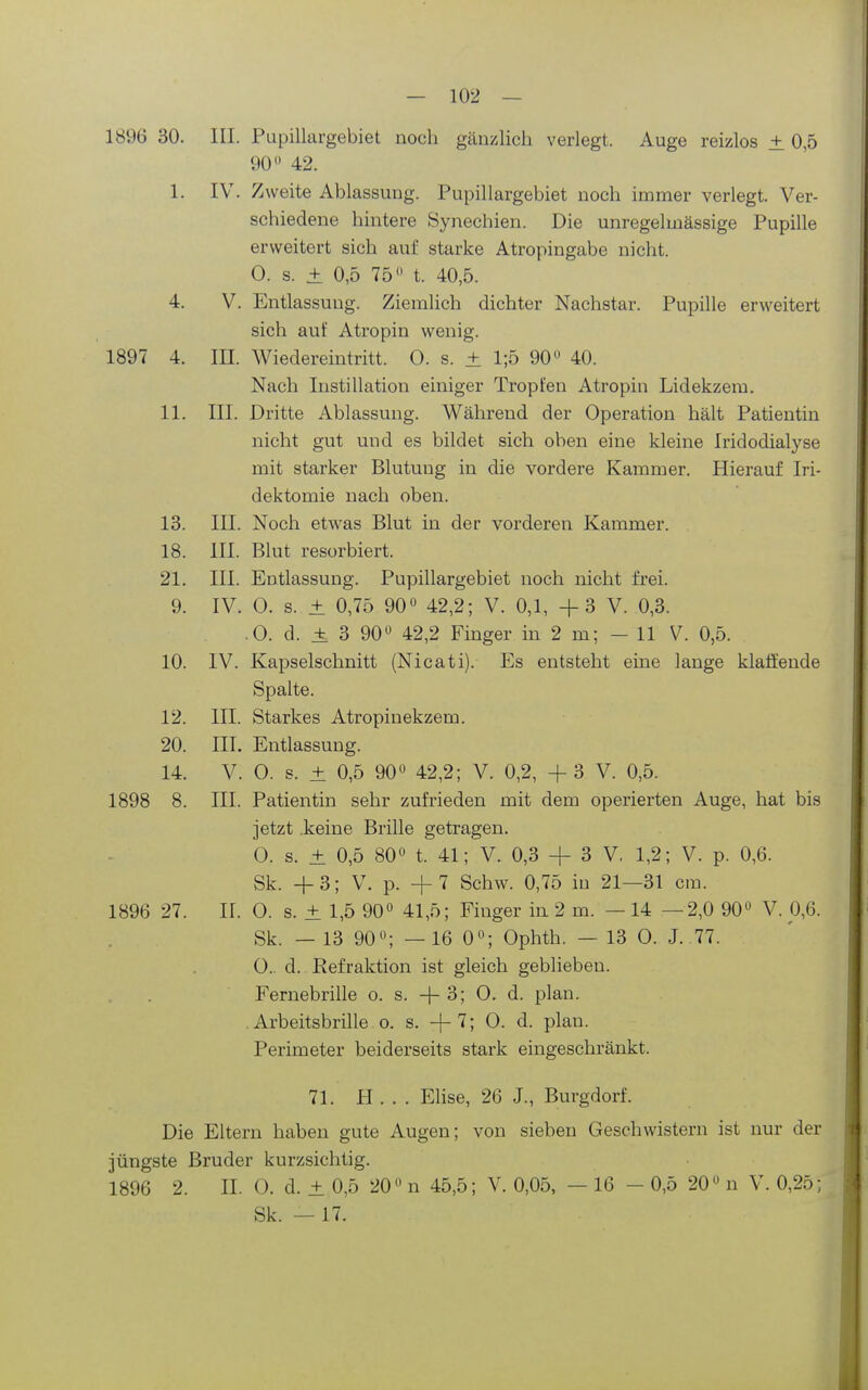 1896 30. III. Pupillargebiet noch gäu/.lich verlegt. Auge reizlos + 0,5 90» 42. 1. IV. Zweite Ablassung. Pupillargebiet noch immer verlegt. Ver- schiedene hintere Synechien. Die unregelmässige Pupille erweitert sich auf starke Atropingabe nicht. 0. s. ± 0,5 75 t. 40,5. 4. V. Entlassung. Ziemlich dichter Nachstar. Pupille erweitert sich auf Atropin wenig. 1897 4. III. Wiedereintritt. O. s. ± 1;5 90» 40. Nach Instillation einiger Tropfen Atropin Lidekzem. 11. III. Dritte Ablassung. Während der Operation hält Patientin nicht gut und es bildet sich oben eine kleine Iridodialyse mit starker Blutung in die vordere Kammer. Hierauf Iri- dektomie nach oben. 13. III. Noch etwas Blut in der vorderen Kammer. 18. III. Blut resorbiert. 21. III. Entlassung. Pupillargebiet noch nicht frei. 9. IV. 0. s. ± 0,75 90» 42,2; V. 0,1, + 3 V. 0,3. 0. d. ± 3 90» 42,2 Finger in 2 m; — 11 V. 0,5. 10. IV. Kapselschnitt (Nicati). Es entsteht eine lange klaffende Spalte. 12. III. Starkes Atropinekzem. 20. III. Entlassung. 14. V. 0. s. ± 0,5 90» 42,2; V. 0,2, + 3 V. 0,5. 1898 8. III. Patientin sehr zufrieden mit dem operierten Auge, hat bis jetzt .keine Brille getragen. 0. s. ± 0,5 80» t. 41; V. 0,3 + 3 V, 1,2; V. p. 0,6. Sk. +3; V. p. +7 Schw. 0,75 in 21—31 cm. 1896 27. IL 0. s. ± 1,5 90» 41,5; Finger in 2 m. —14 — 2,0 90» V. 0,6. Sk. — 13 90»; —16 0; Ophth. — 13 0. J. 77. 0. d. Refraktion ist gleich geblieben. Fernebrille o. s. +3; 0. d. plan. .Arbeitsbrille o. s. +7; 0. d. plan. Perimeter beiderseits stark eingeschränkt. 71. H . . . Elise, 26 J., Burgdorf. Die Eltern haben gute Augen; von sieben Geschwistern ist nur der jüngste Bruder kurzsichtig. 1896 2. II. 0. d. ± 0,5 20» n 45,5; V. 0,05, — 16 - 0,5 20» n V. 0,25; Sk. — 17.