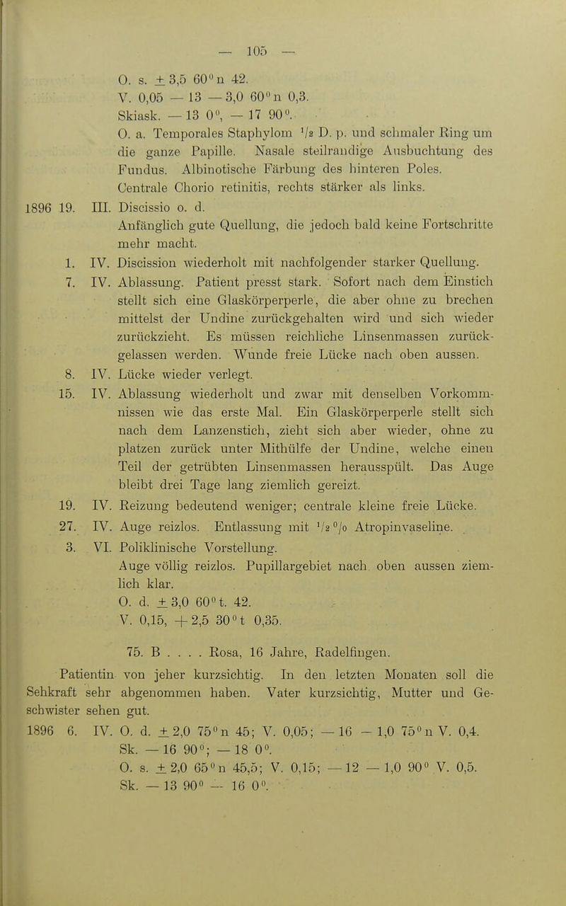 0. s. ±3,5 60 n 42. V. 0,05 — 13 —3,0 60 n 0,3. Skiask. —13 0, - 17 90. 0. a. Temporales Staphylom Va D. p. und schmaler Ring um die ganze Papille. Nasale steilrandige Ausbuchtung des Fundus. Albinotische Färbung des hinteren Poles. Centrale Chorio retinitis, rechts stärker als links. 1896 19. III. Discissio o. d. Anfänglich gute Quellung, die jedoch bald keine Fortschritte mehr macht. 1, IV. Discission wiederholt mit nachfolgender starker Quellung. 7. IV. Ablassung. Patient presst stark. Sofort nach dem Einstich stellt sich eine Glaskörperperle, die aber ohne zu brechen mittelst der Undine zurückgehalten wird und sich wieder zurückzieht. Es müssen reichliche Linsenmassen zurück- gelassen werden. Wunde freie Lücke nach oben aussen. 8. IV. Lücke wieder verlegt. 15. IV. Ablassung wiederholt und zwar mit denselben Vorkomm- nissen wie das erste Mal. Ein Glaskörperperle stellt sich nach dem Lanzenstich, zieht sich aber wieder, ohne zu platzen zurück unter Mithülfe der Undine, welche einen Teil der getrübten Linsenmassen herausspült. Das Auge bleibt drei Tage lang ziemlich gereizt. 19. IV. Reizung bedeutend weniger; centrale kleine freie Lücke. 27. IV. Auge reizlos. Entlassung mit Ve^/o Atropinvaselirie. 3. VI. Poliklinische Vorstellung. Auge völlig reizlos. Pupillargebiet nach oben aussen ziem- lich klar. 0. d. ±3,0 60n. 42. - V. 0,15, +2,5 30 n 0,35. 75. B . . . . Rosa, 16 Jahre, Radelfiugen. Patientin von jeher kurzsichtig. In den letzten Monaten soll die Sehkraft sehr abgenommen haben. Vater kurzsichtig, Mutter und Ge- schwister sehen gut. 1896 6. IV. 0. d. ±2,0 75''n 45; V. 0,05; — 16 - 1,0 75''n V. 0,4. Sk. — 16 90»; — 18 0. 0. s. ±2,0 65n 45,5; V. 0,15; —12 — 1,0 90 V. 0,5. Sk. — 13 90 — 16 0.