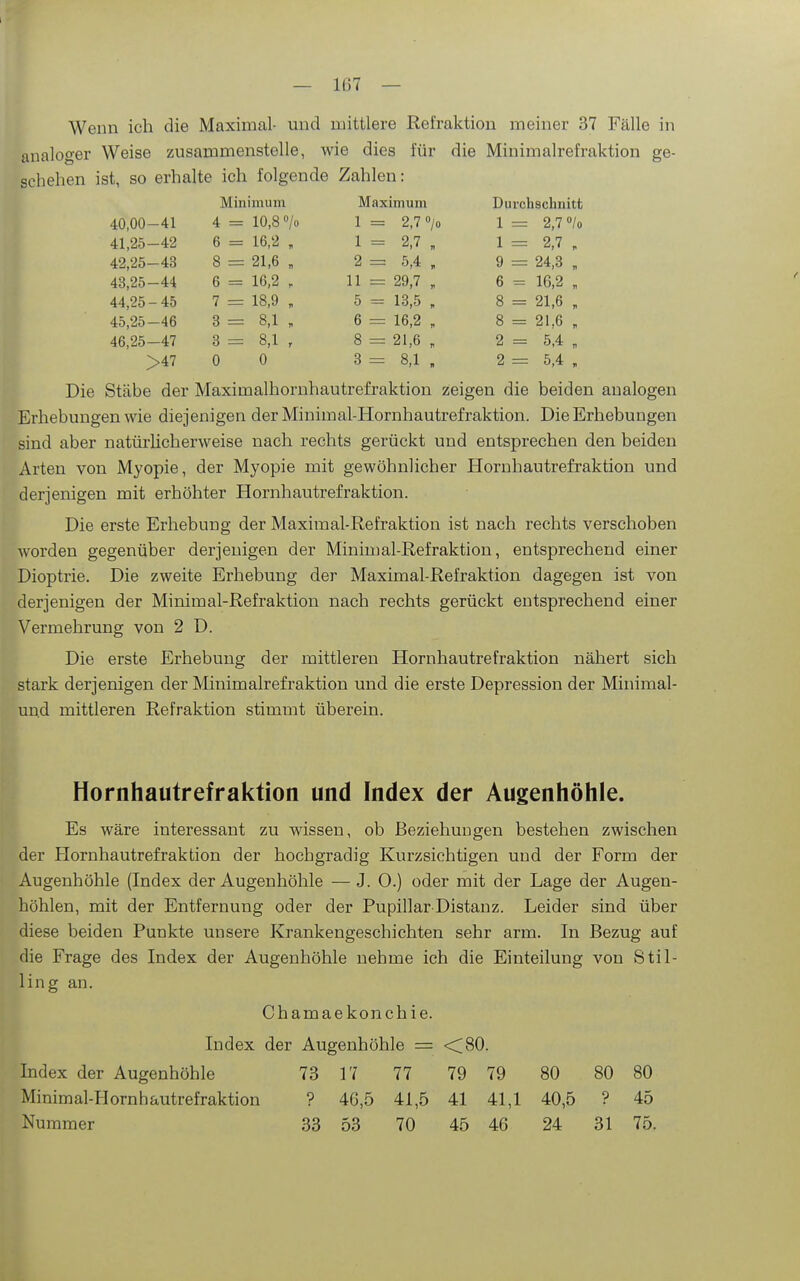 Wenn ich die Maximal- und mittlere Refraktion meiner 37 Fälle in naloger Weise zusammenstelle, wie dies für die Minimalrefraktion ge- diehen ist, so erhalte ich folgende Zahlen: Minimum Maximum Durchschnitt 40,00-41 4 = 10,8 0/0 1 = 2,7 0/0 1 = 2,70/0 41,25-42 6 = 16,2 , 1 = 2,7 „ 1 = 2,7 , 42,25-43 8 = 21,6 „ 2= 5,4 , 9 = 24,3 „ 43,25-44 6 = 16,2 , 11 = 29,7 , 6 = 16,2 , 44,25-45 7 = 18,9 „ 5 = 13,5 , 8 = 21,6 , 45,25-46 3 = 8,1 „ 6 = 16,2 , 8 = 21,6 , 46,25-47 3 = 8,1 , 8 = 21,6 , 2 = 5,4 „ >47 0 0 3 = 8,1 , 2 = 5,4 „ Die Stäbe der Maximalhornliautrefraktion zeigen die beiden analogen Erhebungen wie diejenigen der Minimal-Hornhautrefraktion. Die Erhebungen sind aber natürhcherweise nach rechts gerückt und entsprechen den beiden Arten von Myopie, der Myopie mit gewöhnlicher Hornhautrefraktion und derjenigen mit erhöhter Hornhautrefraktion. Die erste Erhebung der Maximal-Refraktion ist nach rechts verschoben worden gegenüber derjenigen der Minimal-Refraktion, entsprechend einer Dioptrie. Die zweite Erhebung der Maximal-Refraktion dagegen ist von derjenigen der Minimal-Refraktion nach rechts gerückt entsprechend einer Vermehrung von 2 D. Die erste Erhebung der mittleren Hornhautrefraktion nähert sich stark derjenigen der Minimalrefraktion und die erste Depression der Minimal- un.d mittleren Refraktion stimmt überein. Hornhautrefraktion und Index der Augenhöhle. Es wäre interessant zu wissen, ob Beziehungen bestehen zwischen der Plornhautrefraktion der hochgradig Kurzsichtigen und der Form der Augenhöhle (Index der Augenhöhle — J. 0.) oder mit der Lage der Augen- höhlen, mit der Entfernung oder der Pupillar Distauz. Leider sind über diese beiden Punkte unsere Krankengeschichten sehr arm. In Bezug auf die Frage des Index der Augenhöhle nehme ich die Einteilung von Stil- lin g an. Chamaekonchie. Index der Augenhöhle = <C80. Index der Augenhöhle 73 17 77 79 79 80 80 80 Minimal-Hornhautrefraktion ? 46,5 41,5 41 41,1 40,5 ? 45 Nummer 33 53 70 45 46 24 31 75.