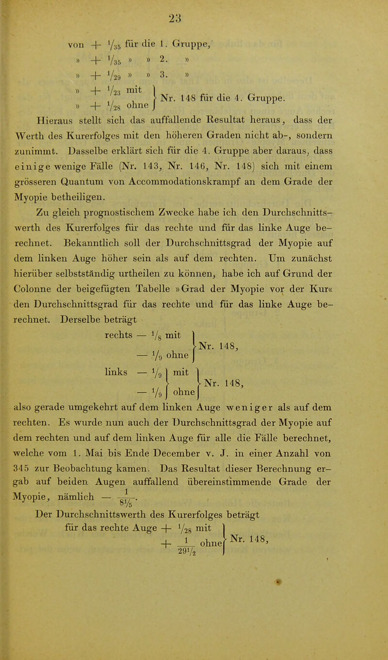 von + '/as für die 1. Gruppe, 4- V35 » V29 » 2. 3. 1 dass der sondern ., , { Nr. 148 für die 4. Gruppe. » + 728 ohne J Hieraus stellt sich das auffallende Resultat heraus, AVerth des Kurerfolges mit den höheren Graden nicht ab- zuuimmt. Dasselbe erklärt sich für die 4. Gruppe aber daraus, dass einige wenige Fälle (Nr. 143, Nr. 146, Nr. 148) sich mit einem grösseren Quantum von Accommodationskrampf an dem Grade der Myopie betheiligen. Zu gleich prognostischem Zwecke habe ich den Durchschnitts- werth des Kurerfolges für das rechte und für das linke Auge be- rechnet. Bekanntlich soll der Durchschnittsgrad der Myopie auf dem linken Auge höher sein als auf dem rechten. Um zunächst hierüber selbstständig urtheilen zu können, habe ich auf Grund der Colonne der beigefügten Tabelle »Grad der Myopie vor der Kur« den Durchschnittsgrad für das rechte und für das linke Auge be- rechnet. Derselbe beträgt rechts — ^/g mit — Yo ohne Nr. 148, links — 1/9 - V9 mit ohne Nr. 148, also gerade umgekehrt auf dem linken Auge weniger als auf dem rechten. Es wurde nun auch der Durchschnittsgrad der Myopie auf dem rechten und auf dem linken Auge für alle die Fälle berechnet, welche vom 1. Mai bis Ende December v. J. in einer Anzahl von 345 zur Beobachtung kamen. Das Resultat dieser Berechnung er- gab auf beiden Augen auffallend übereinstimmende Grade der Myopie, nämlich - 1 5% Der Durchschnittswerth des Kurerfolges beträgt für das rechte Auge + mit + _1_ ohne Nr. 148, 291/2 t